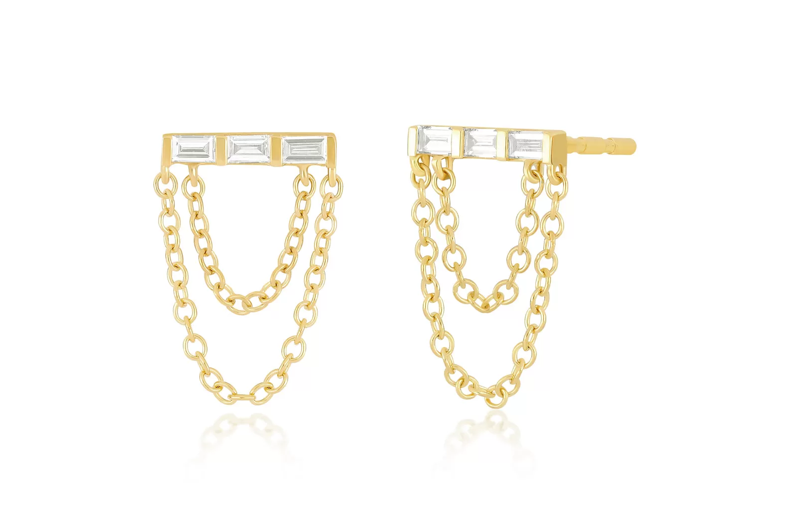 14K Gold Diamond Baguette Double Chain Stud Earrings