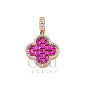 14K GOLD ROUND AND BAGUETTE DIAMOND AND RUBY GEMSTONE CLOVER PENDANT 4.40 CTW