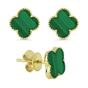 14K Yellow Gold Four-Leaf Clover Malachite Studs