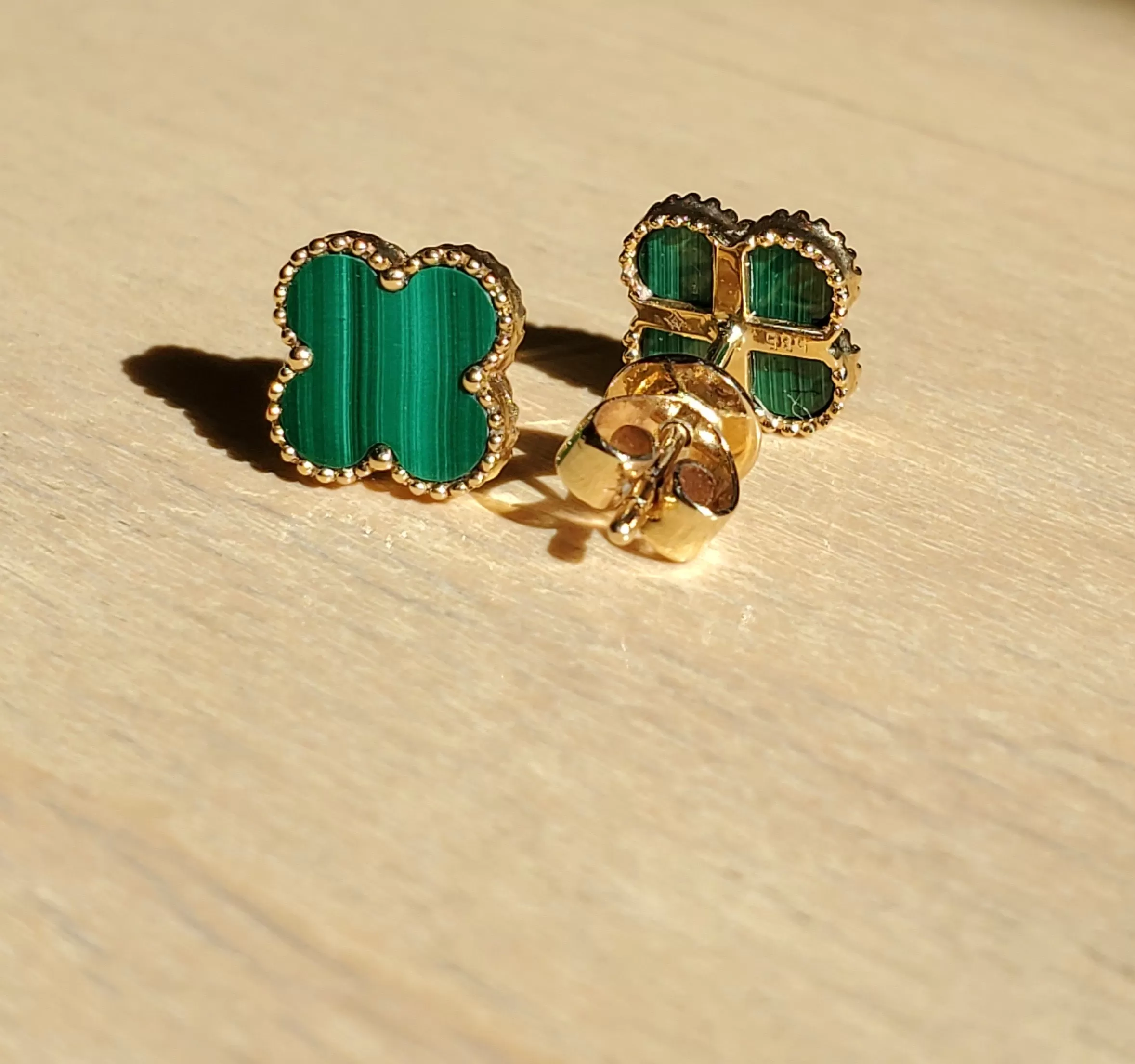 14K Yellow Gold Four-Leaf Clover Malachite Studs