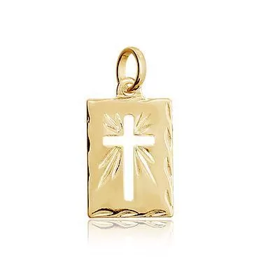 18k Gold Filled Hollow Cross Tag Plate Pendant Featuring Diamond Cut Borders