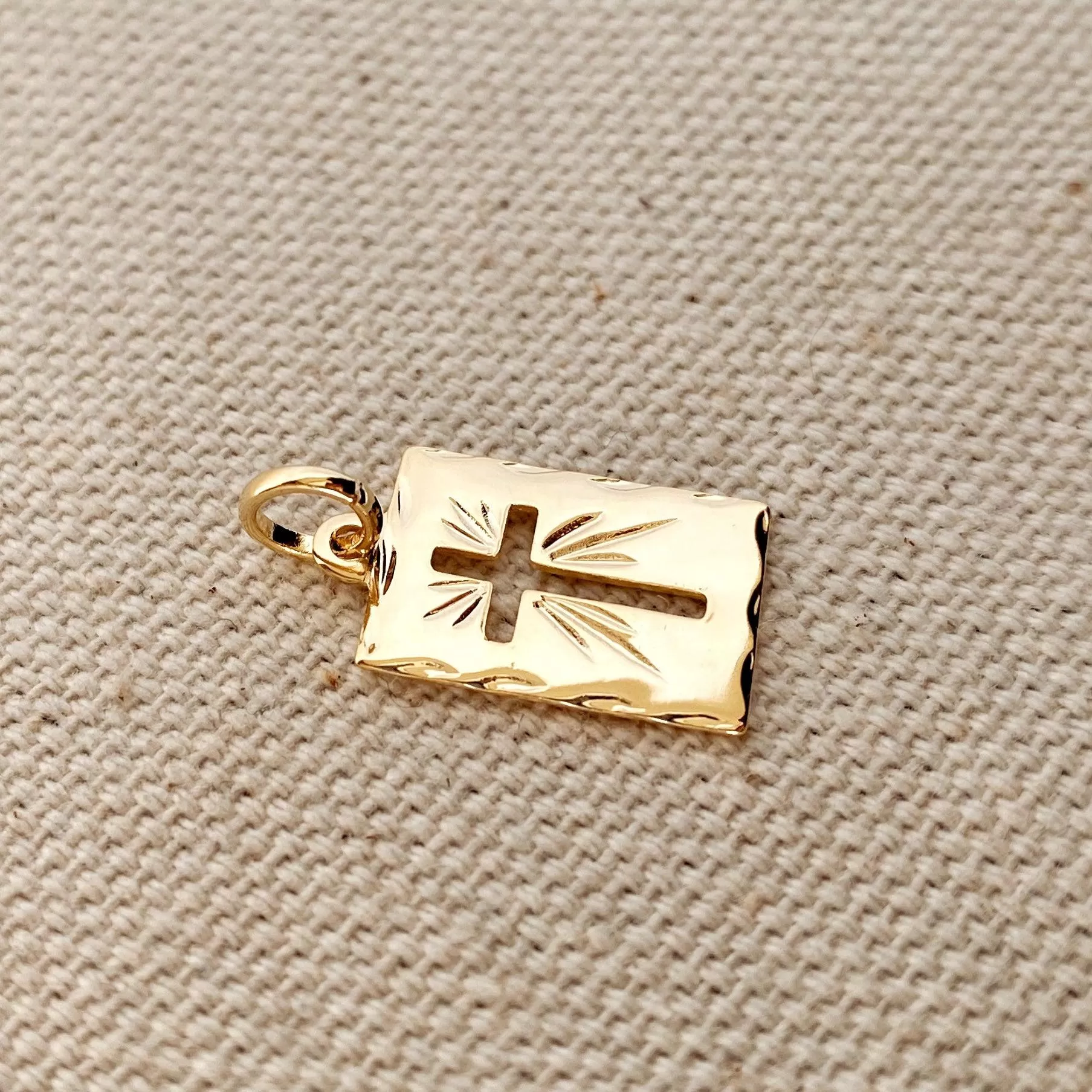 18k Gold Filled Hollow Cross Tag Plate Pendant Featuring Diamond Cut Borders