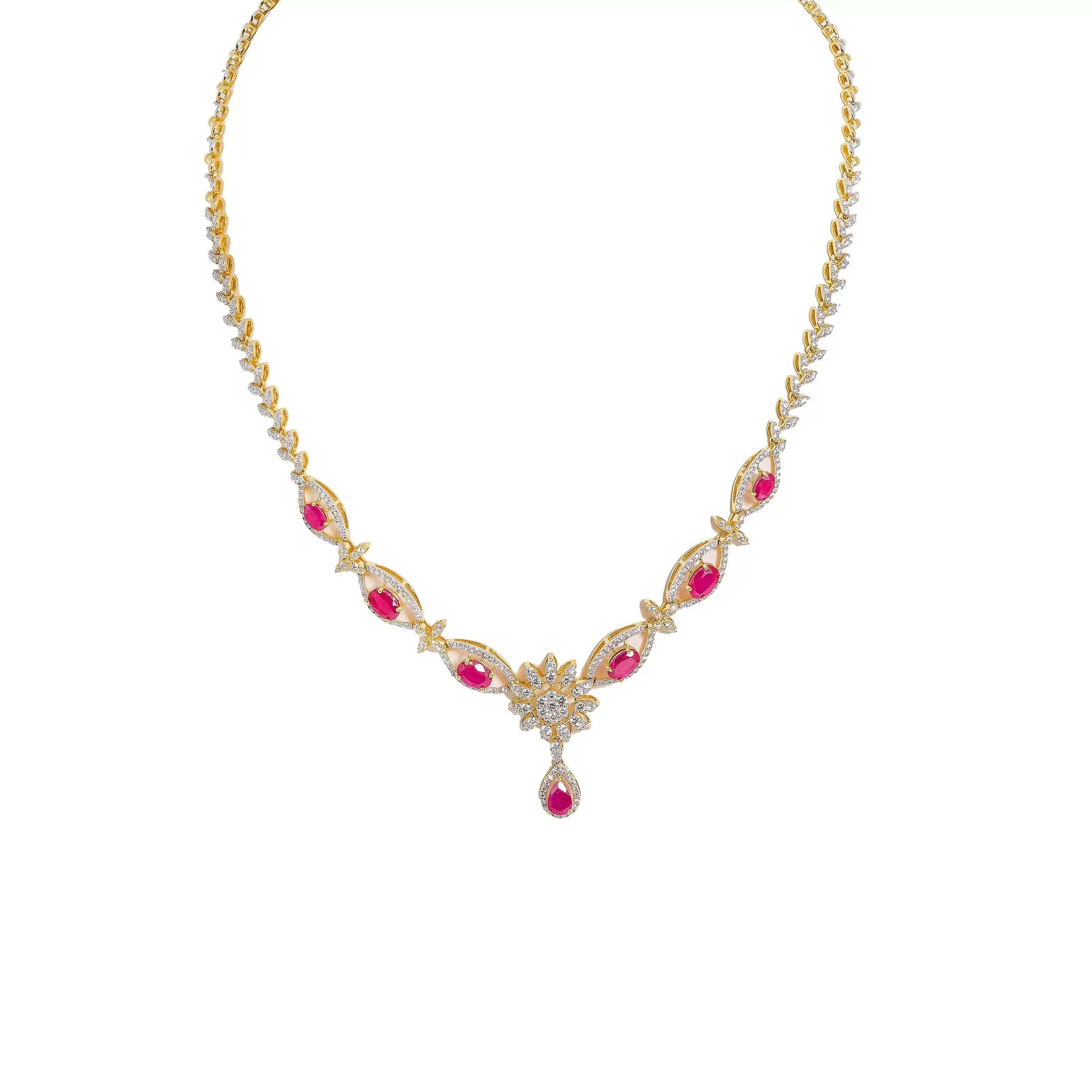 18K  Multi Tone Gold Diamond Necklace & Earrings Set W/ VVS Diamonds, Rubies & Eyelet Chain