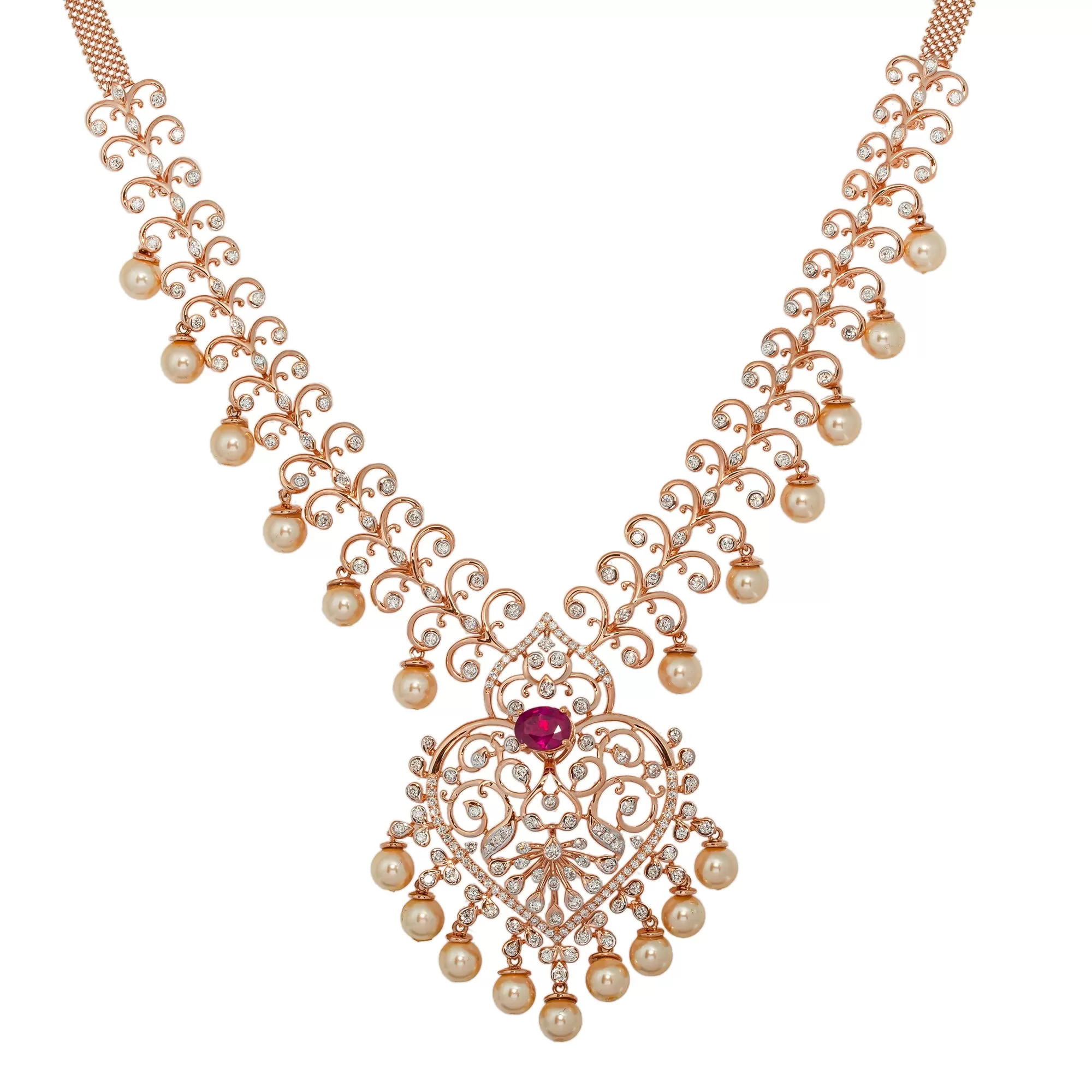 18K Rose Gold Necklace w/ 2.70ct Diamonds, Ruby, & Pearls (49.6gm)