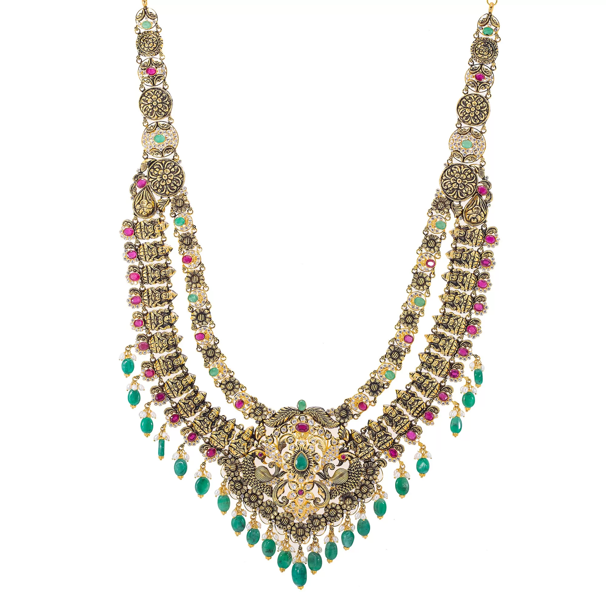 22K Antique Gold, CZ, Ruby & Emerald Peacock Temple Jewelry Set (137.5gm)