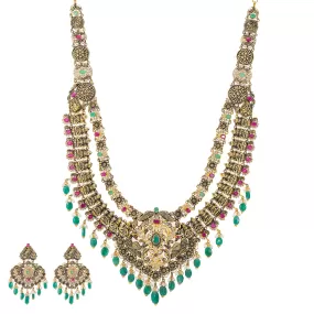 22K Antique Gold, CZ, Ruby & Emerald Peacock Temple Jewelry Set (137.5gm)