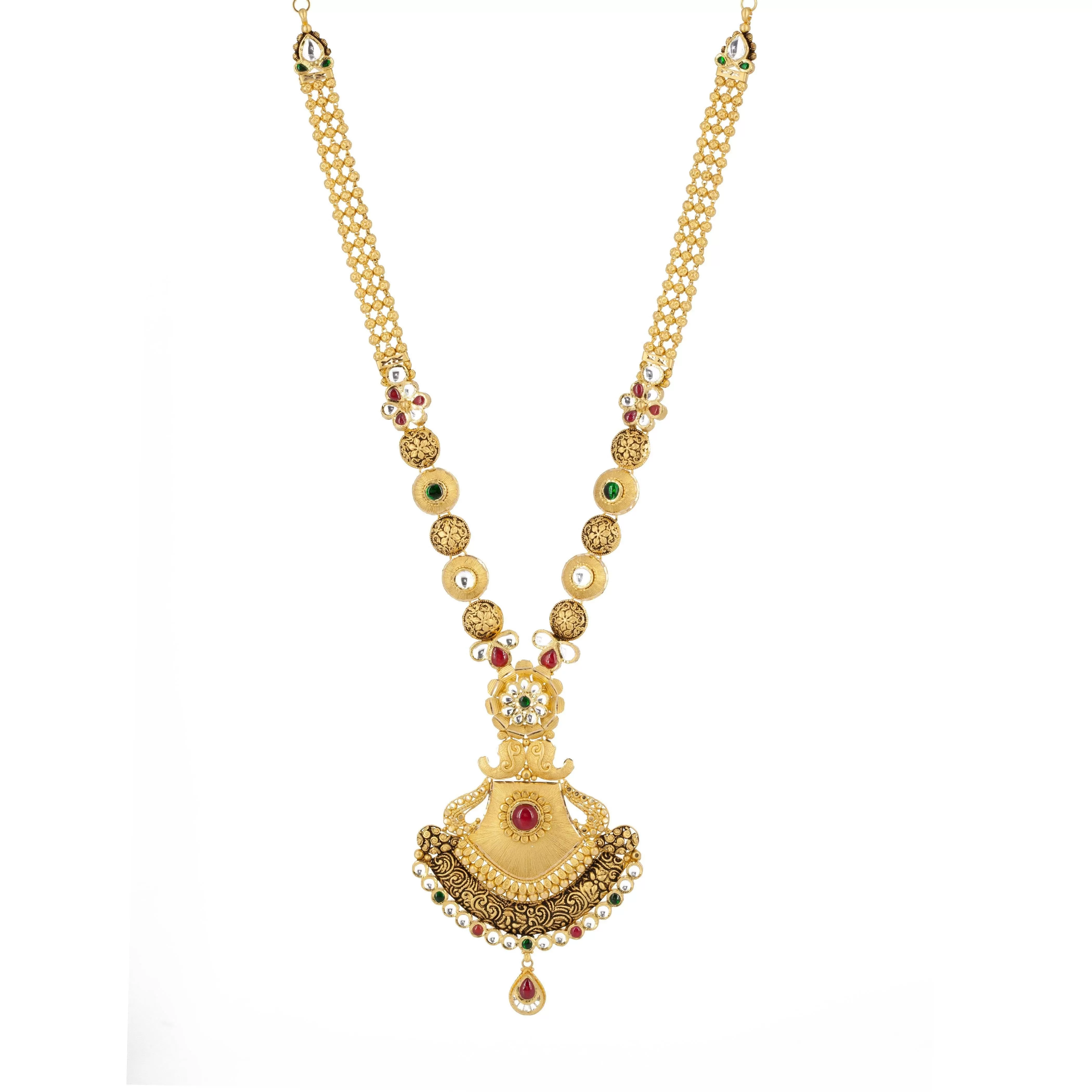 22k Antique Gold Long Pendant Necklace & Chandbali Earrings Set W/ Ruby, Emerald, & Kundan