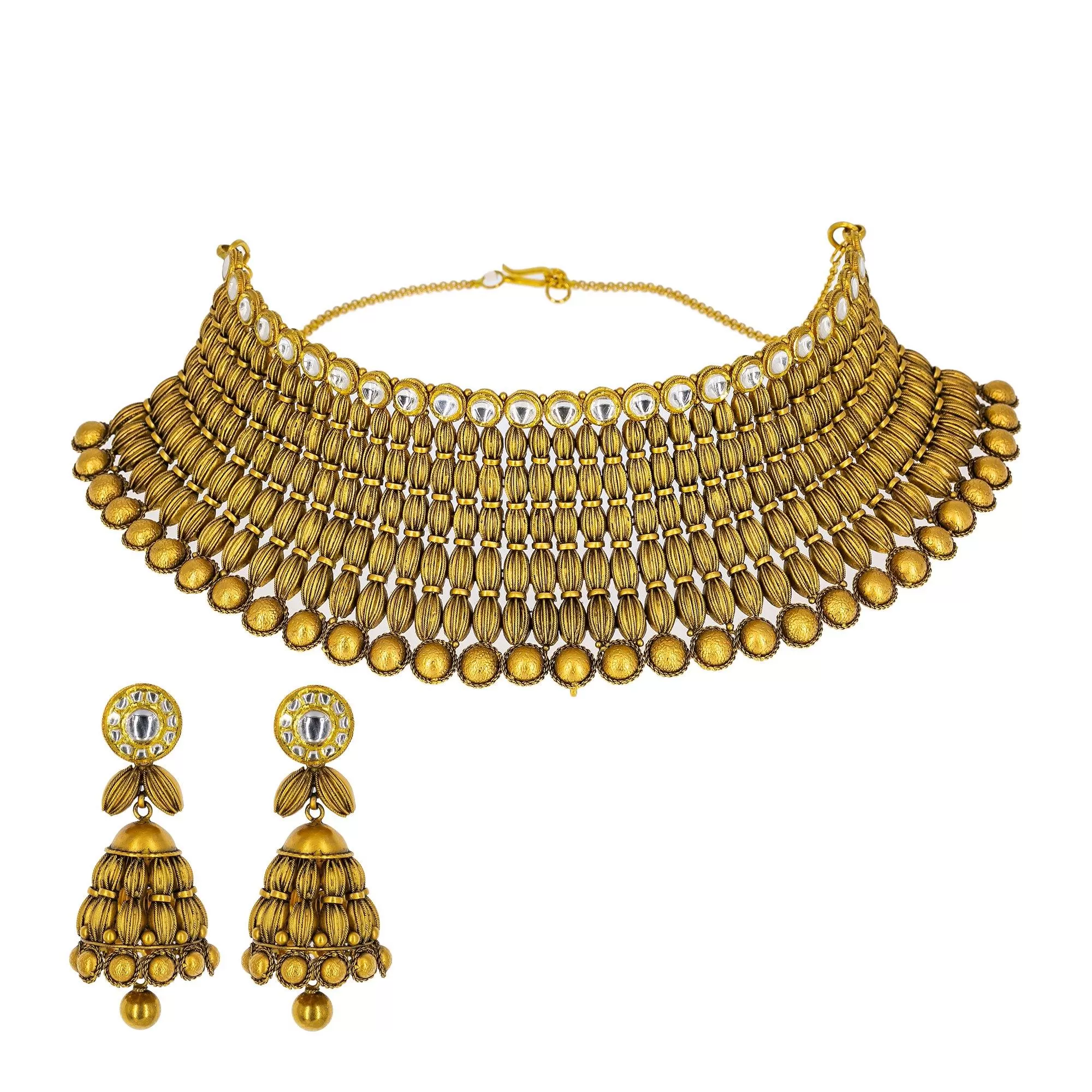 22K Yellow Gold Antique Choker Set W/ Kundan & Striped Spindle Beads