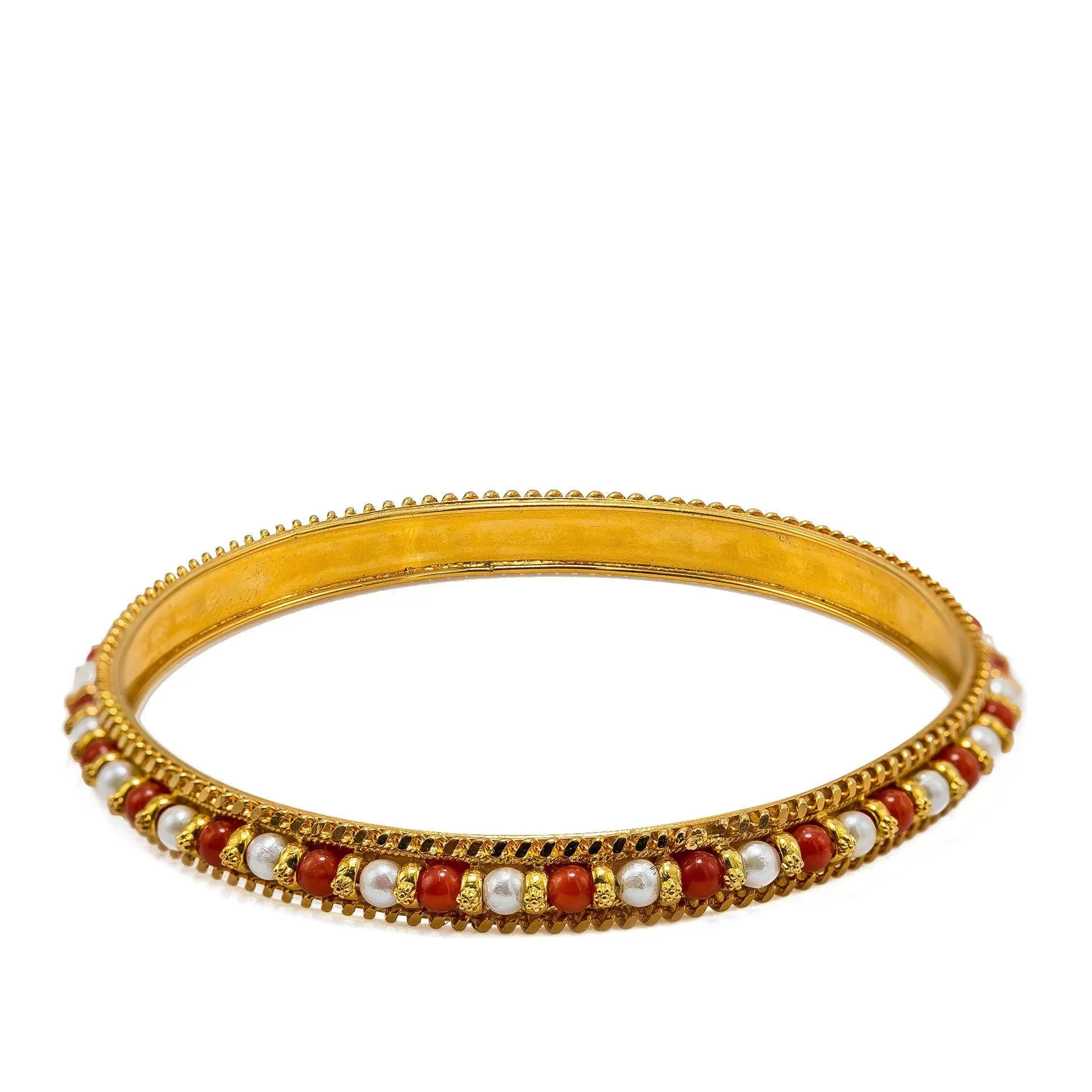 22K Yellow Gold Bangles Set of 2 W/ Pearls & Ruby Bead Accents