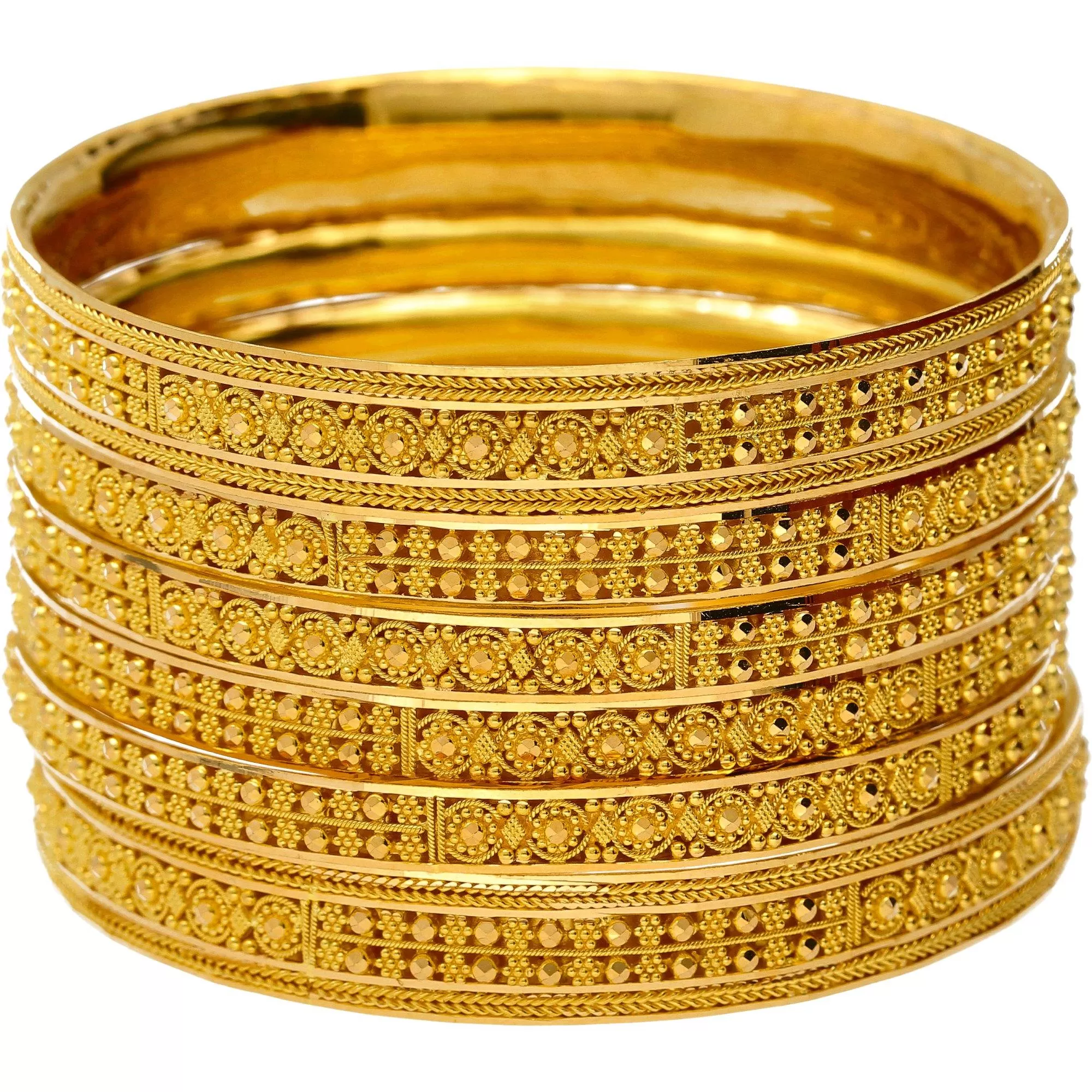 22K Yellow Gold Classic Indian Bangle Set of 6, Size 2.6