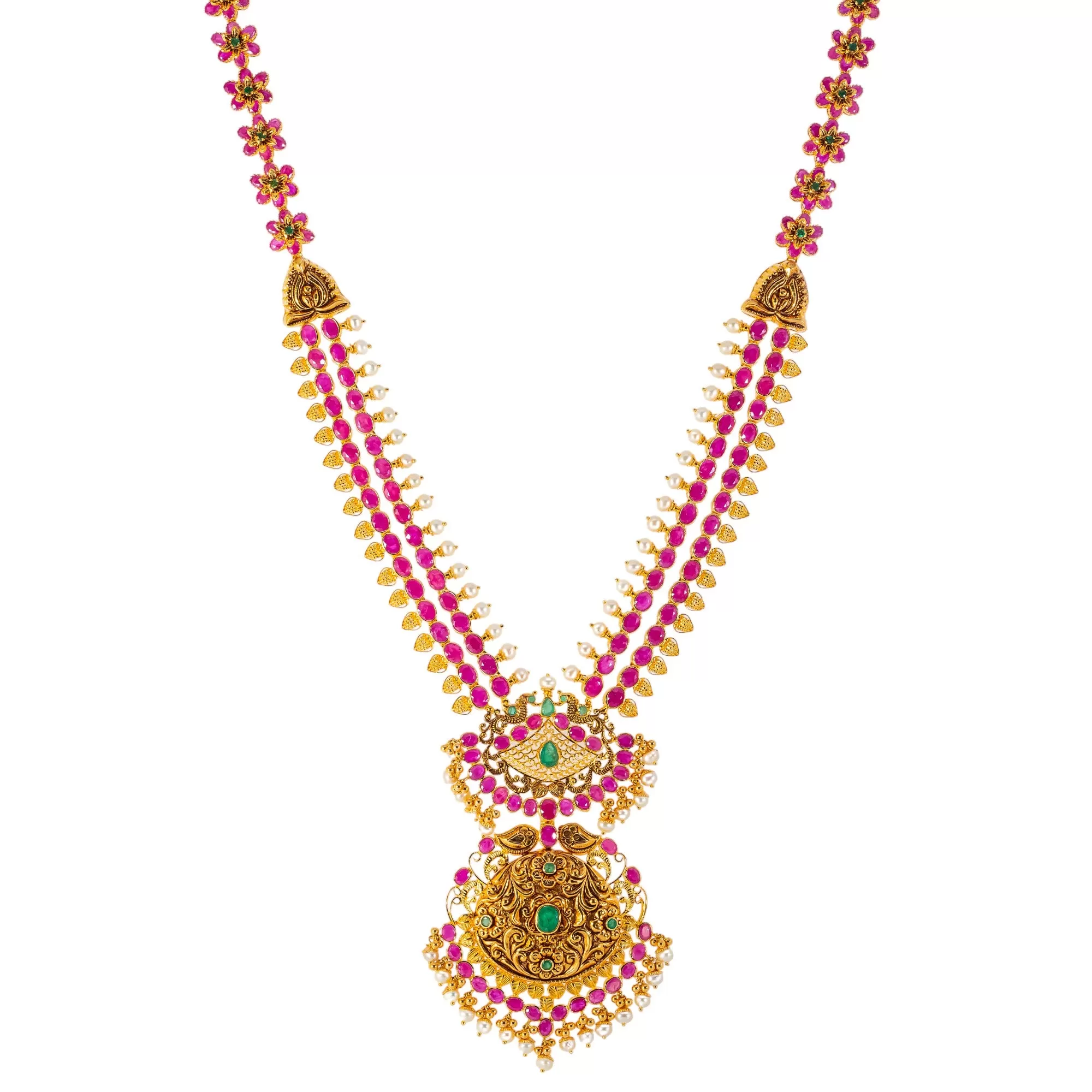 22k Yellow Gold, Emerald, Ruby, & Pearl Temple Necklace Set  (132.2gm)