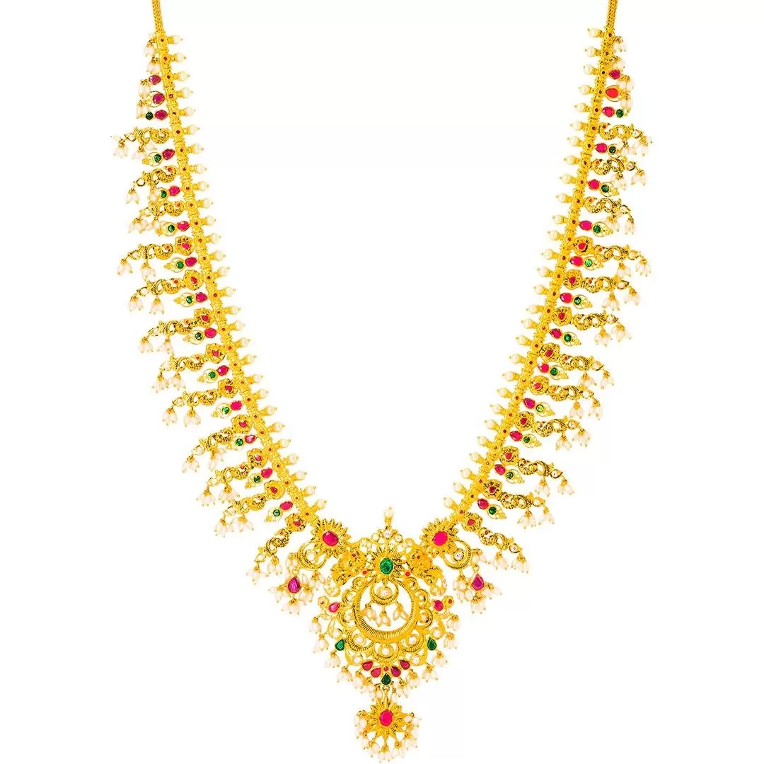 22K Yellow Gold Guttapusalu Necklace and Earrings Set W/ Emeralds, Pearls, CZ, Rubies & Peacock Accents