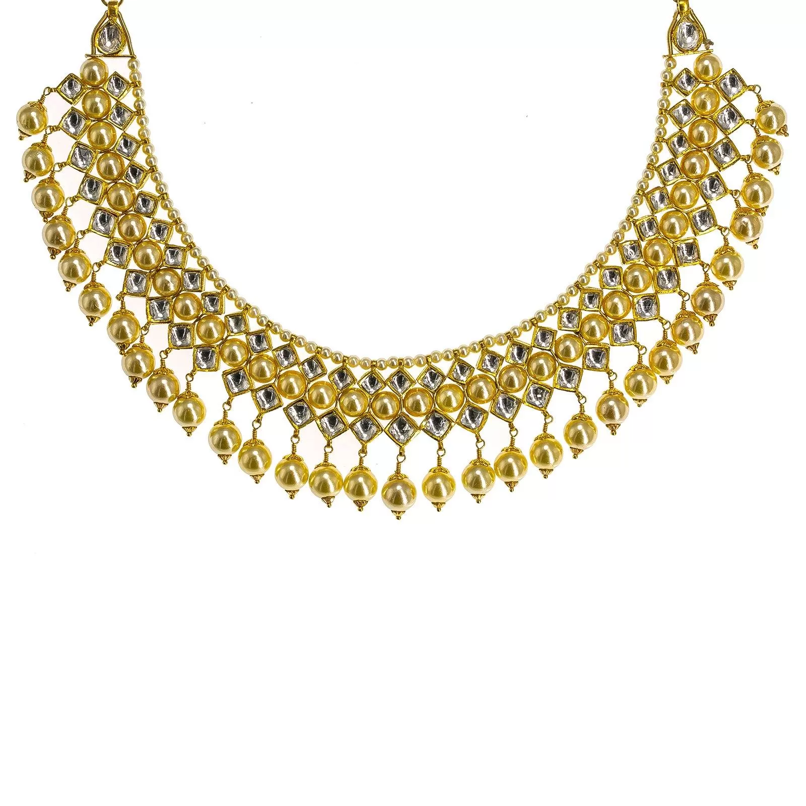 22K Yellow Gold Kundan Necklace & Earrings Set W/ Hanging Pearls, 104.1g