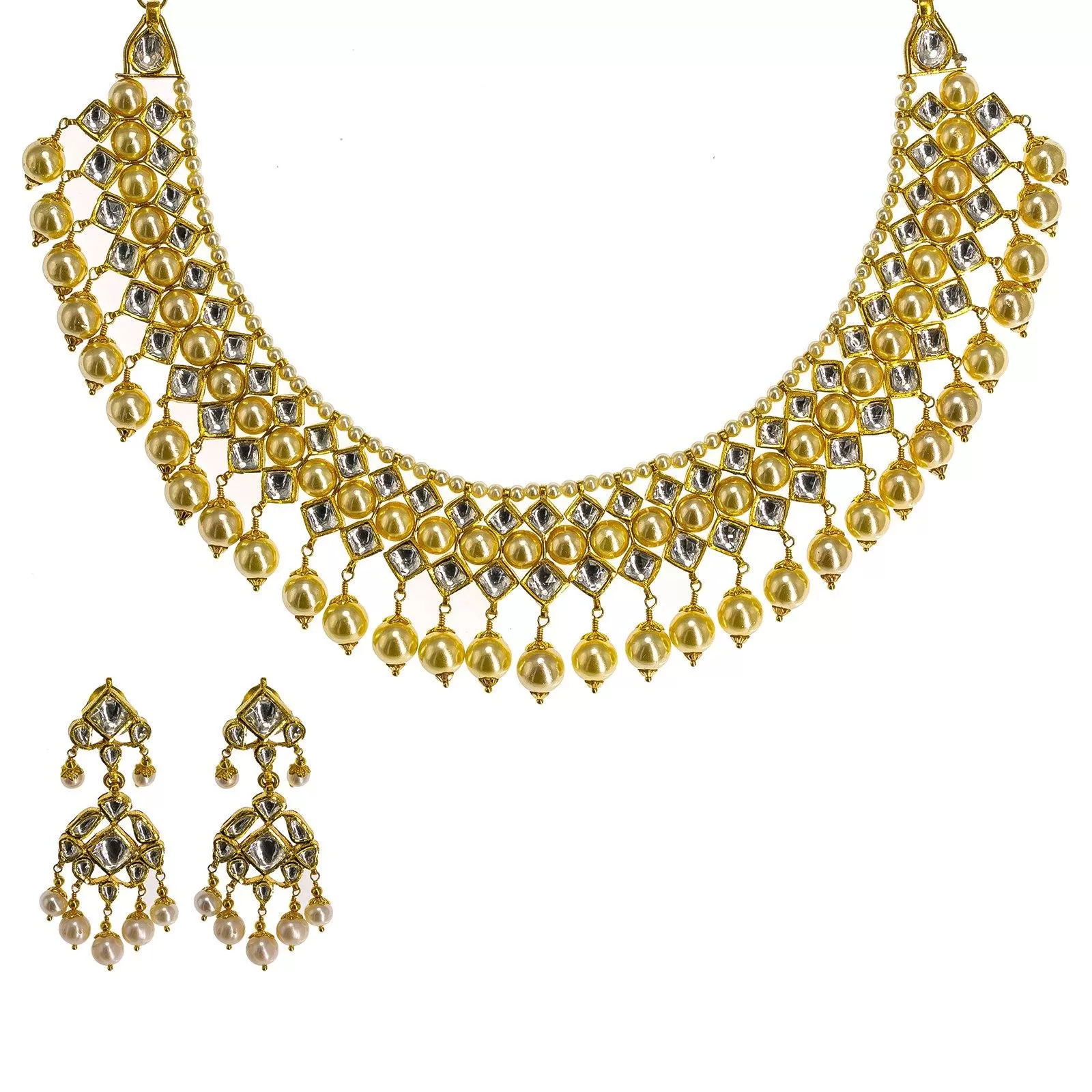 22K Yellow Gold Kundan Necklace & Earrings Set W/ Hanging Pearls, 104.1g