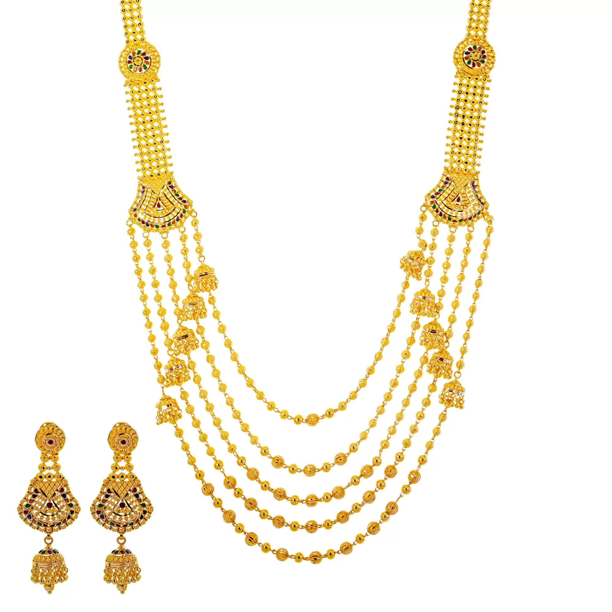 22K Yellow Gold Meenakari Jewelry Set (130.1gm)