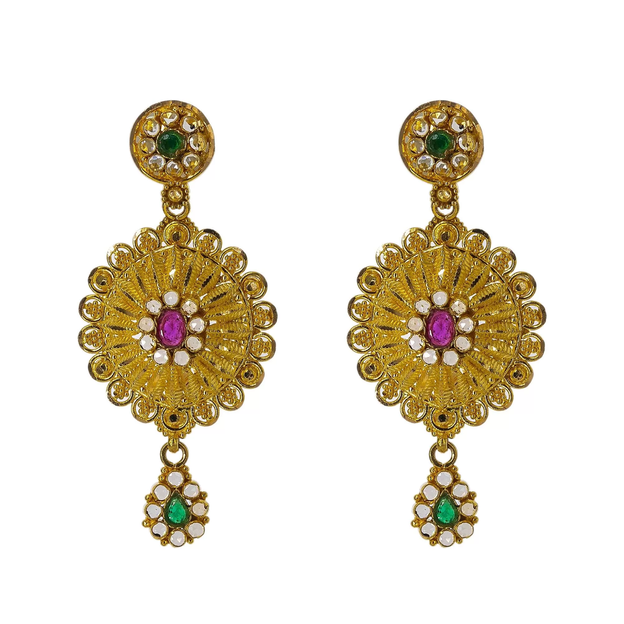 22K Yellow Gold Necklace Set W/ Emeralds, Rubies, CZ Gems & Large Flower Pendants