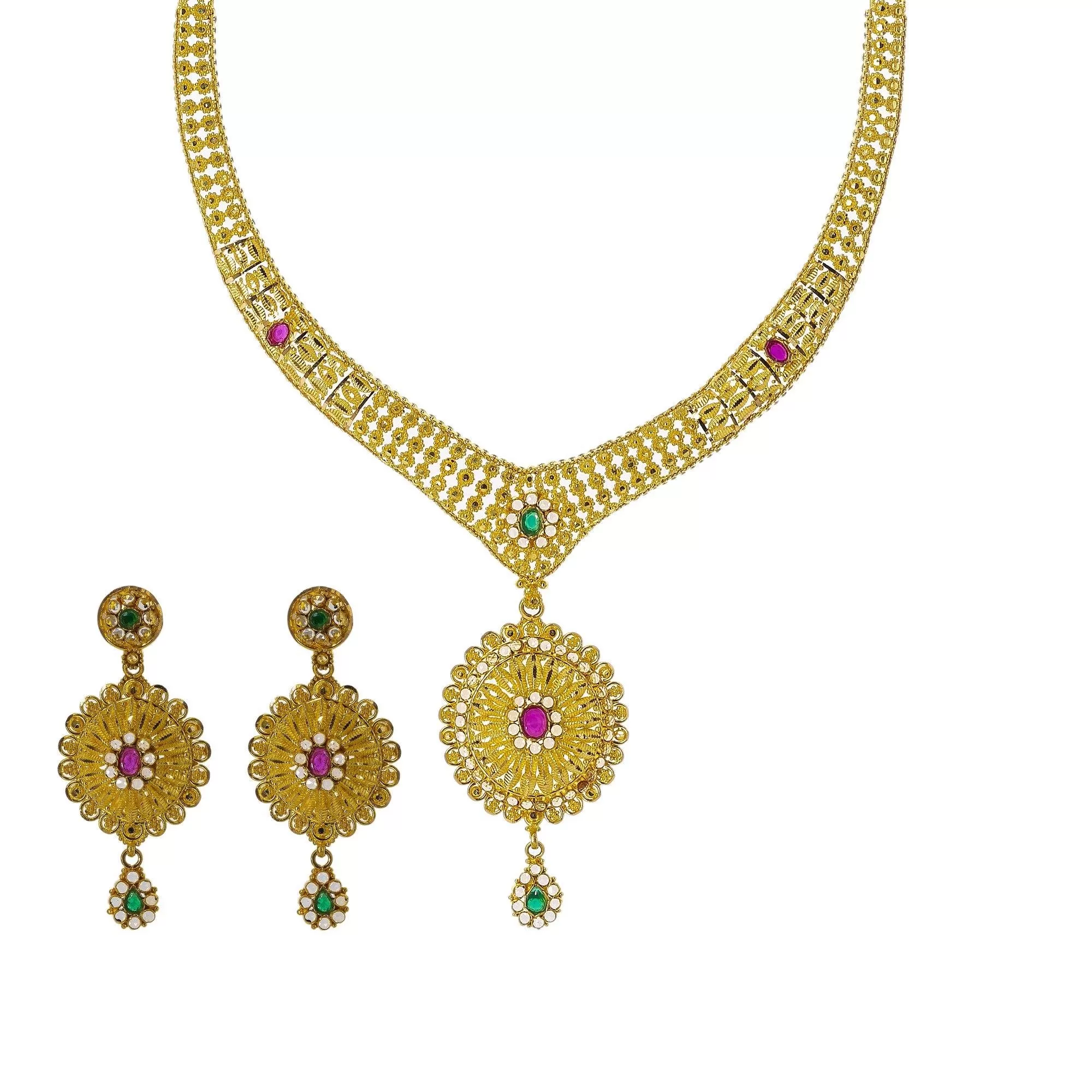 22K Yellow Gold Necklace Set W/ Emeralds, Rubies, CZ Gems & Large Flower Pendants