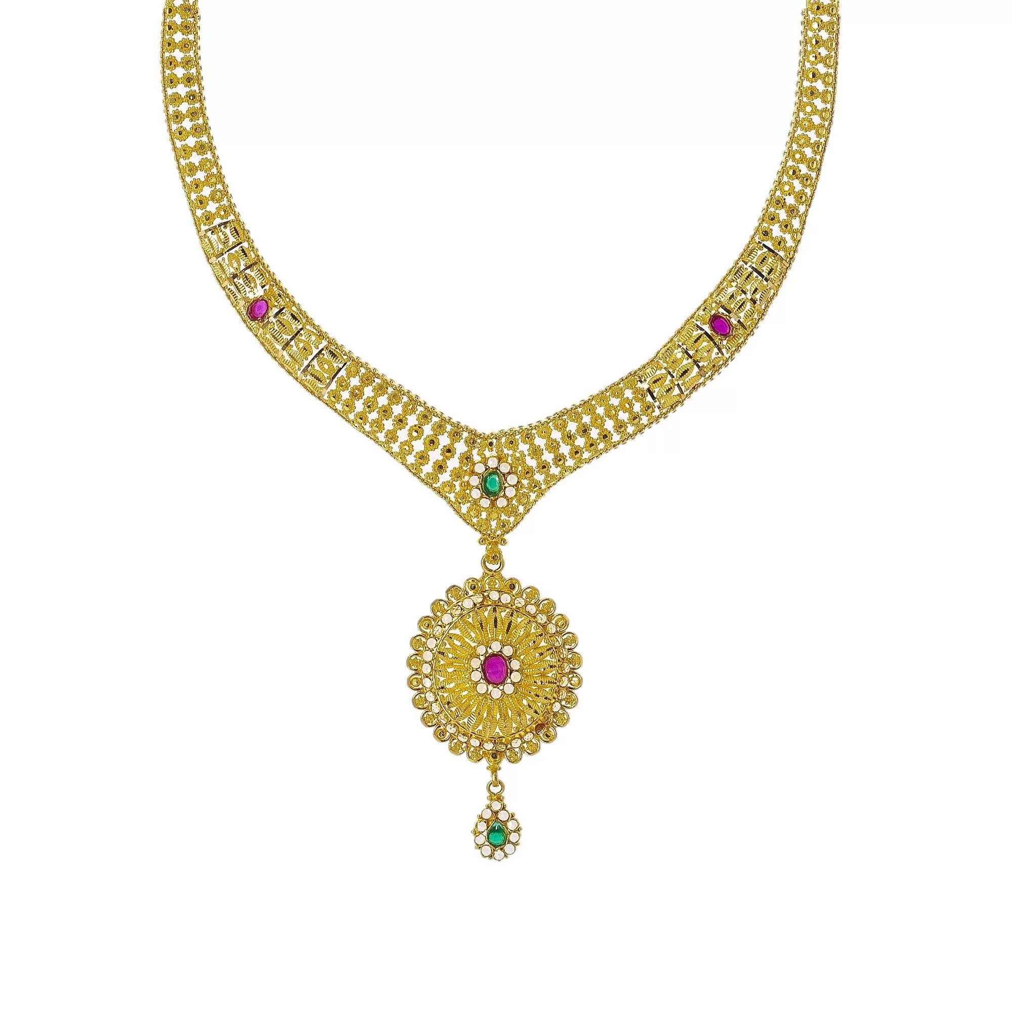 22K Yellow Gold Necklace Set W/ Emeralds, Rubies, CZ Gems & Large Flower Pendants