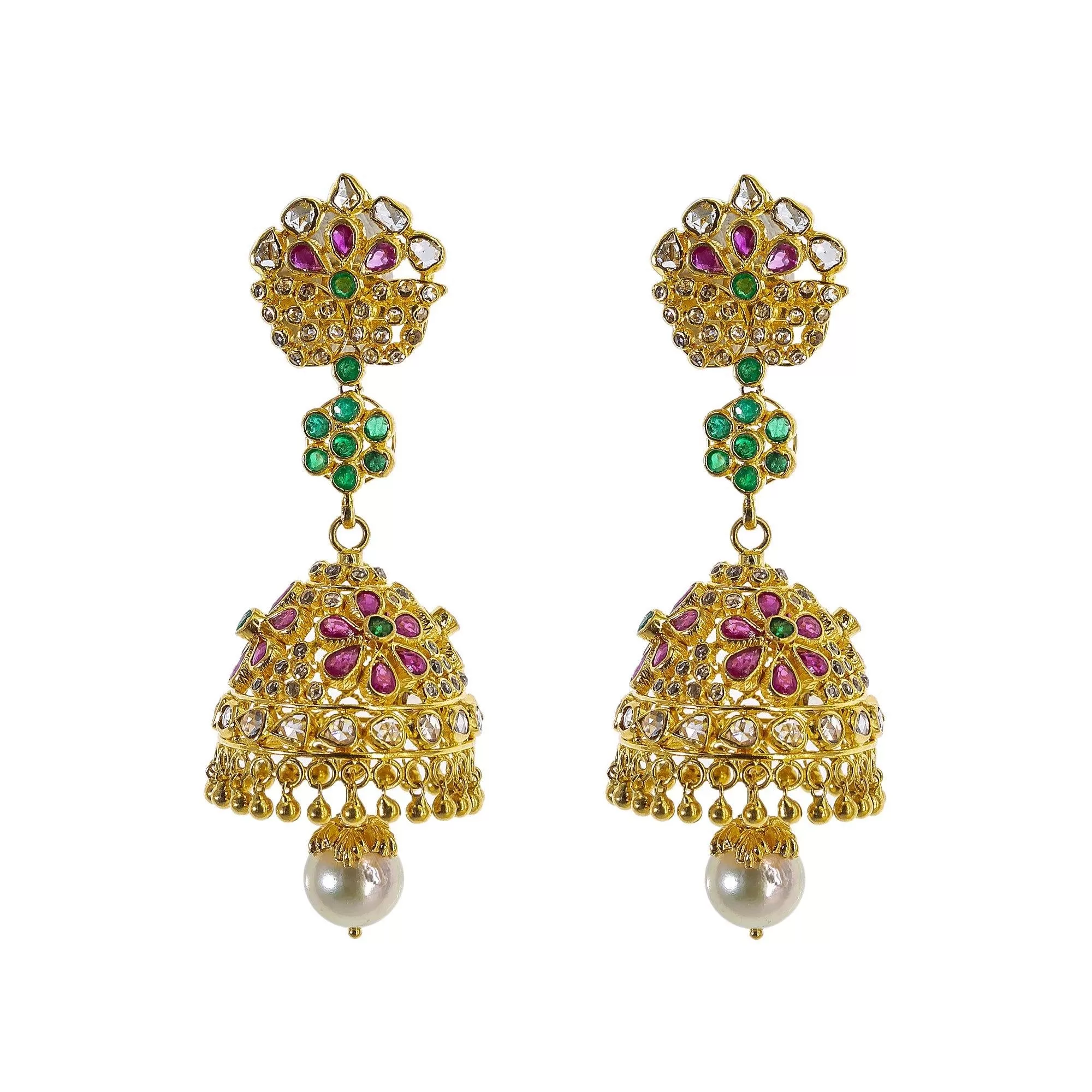 22K Yellow Gold Uncut Diamond Jhumki Earrings W/ 2.45ct Uncut Diamonds, Emeralds, Rubies & Drop Pearls