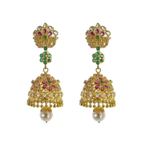 22K Yellow Gold Uncut Diamond Jhumki Earrings W/ 2.45ct Uncut Diamonds, Emeralds, Rubies & Drop Pearls