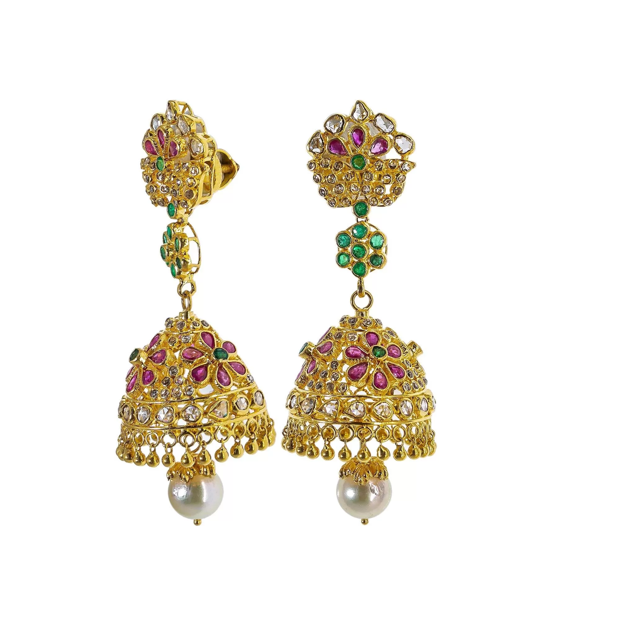 22K Yellow Gold Uncut Diamond Jhumki Earrings W/ 2.45ct Uncut Diamonds, Emeralds, Rubies & Drop Pearls