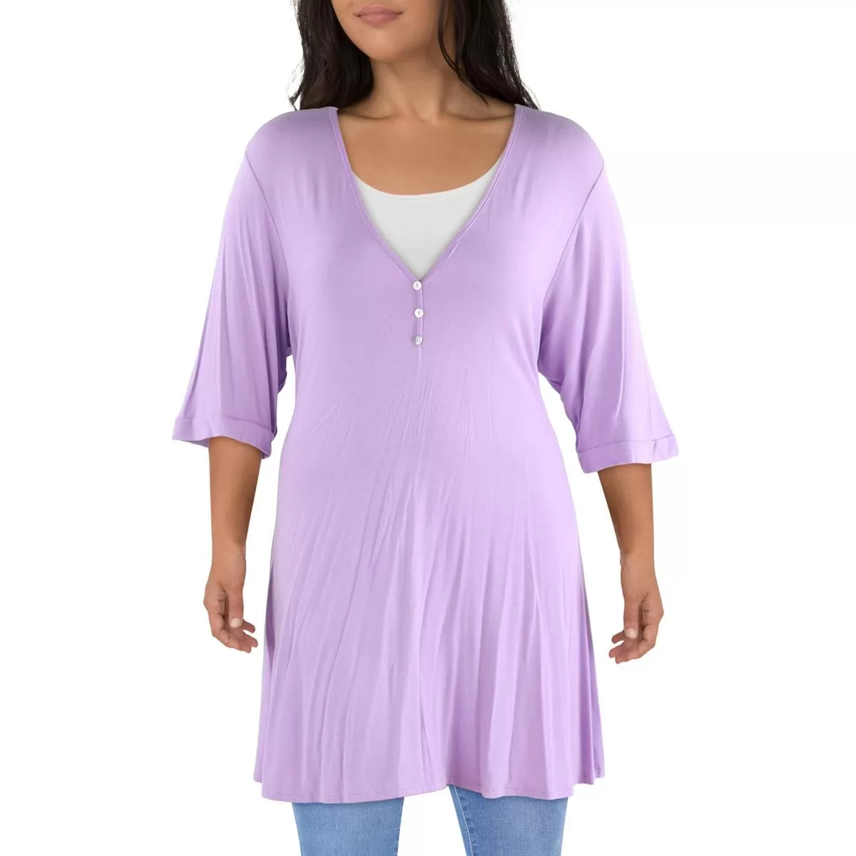 24seven Comfort Apparel Womens Plus Elbow Sleeve V-Neck Tunic Top