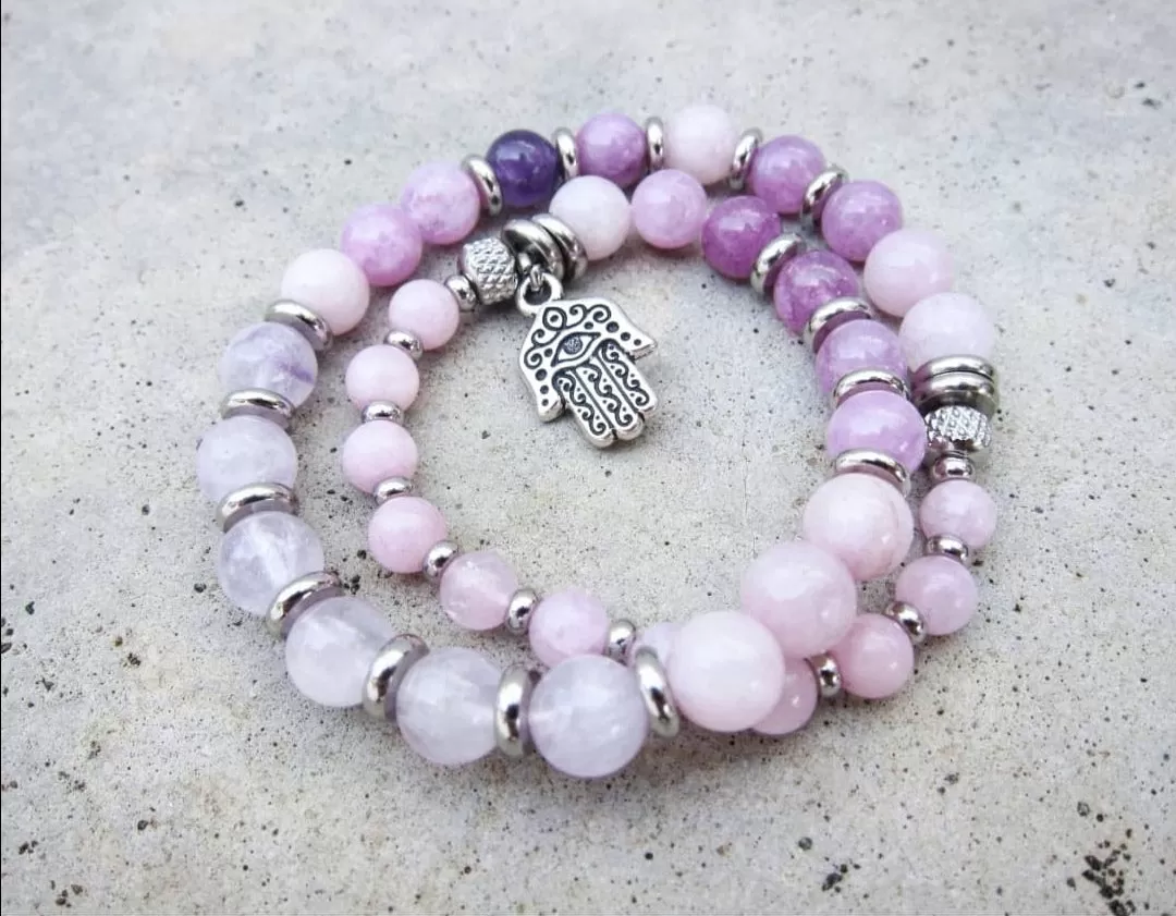 27 Bead Mala Bracelet in Kunzite and Lavender Quartz