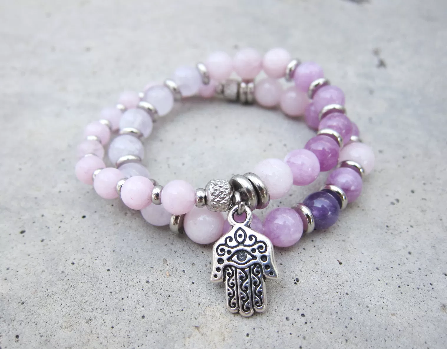 27 Bead Mala Bracelet in Kunzite and Lavender Quartz