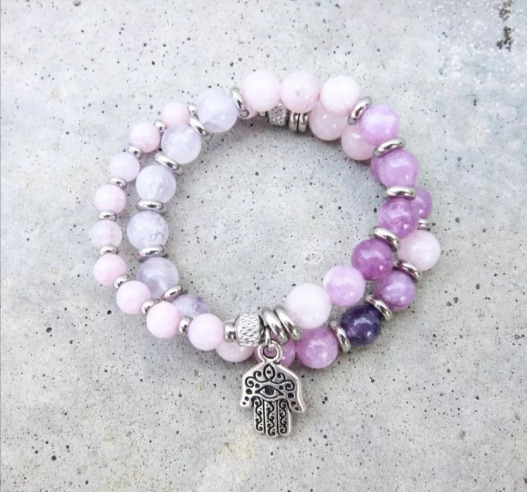 27 Bead Mala Bracelet in Kunzite and Lavender Quartz