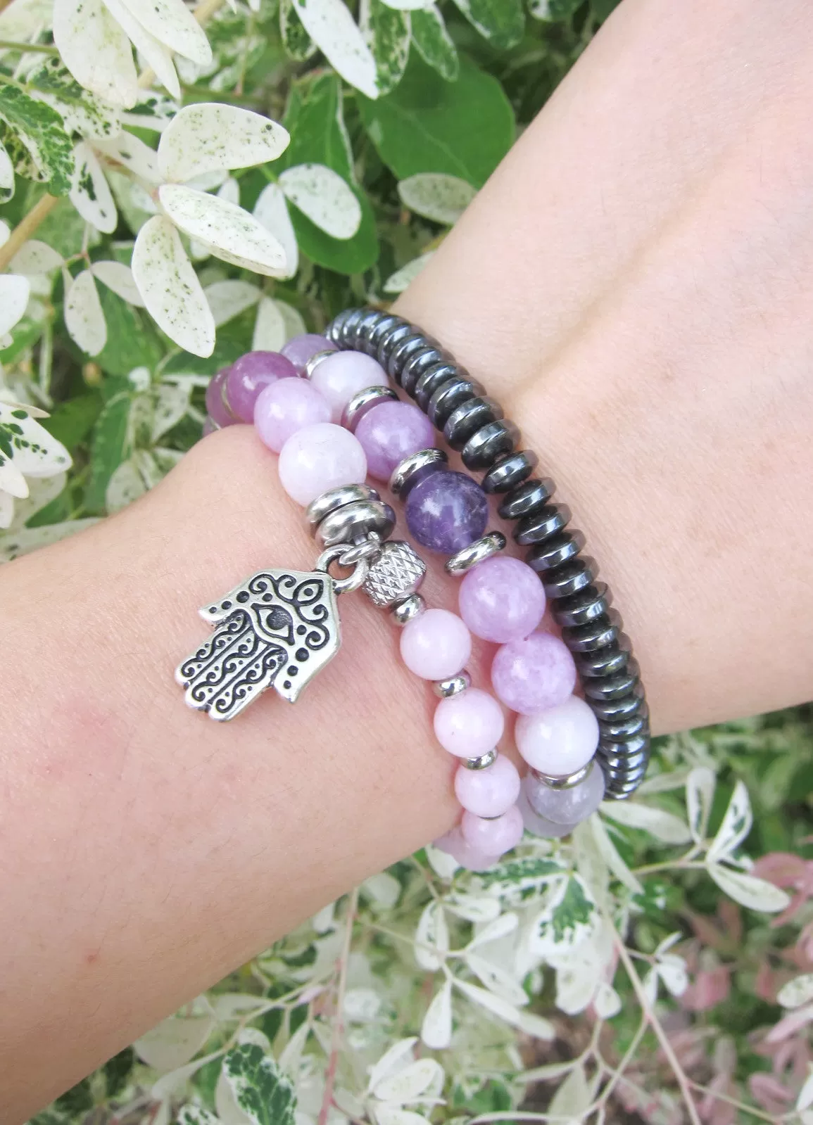 27 Bead Mala Bracelet in Kunzite and Lavender Quartz