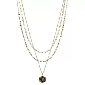 3 Layered Metal Crystal Bead Chain Hexagon Leopard Pendant Necklace