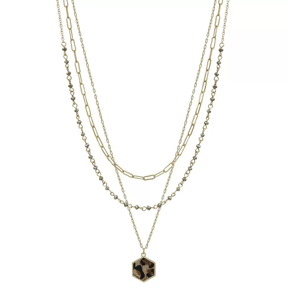 3 Layered Metal Crystal Bead Chain Hexagon Leopard Pendant Necklace