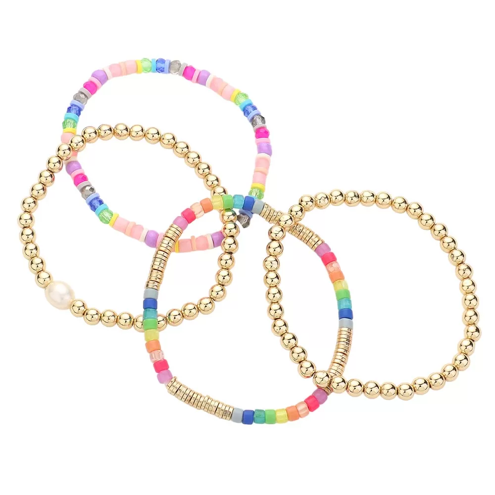 4PCS Pearl Heishi Metal Ball Bead Stretch Layered Bracelets