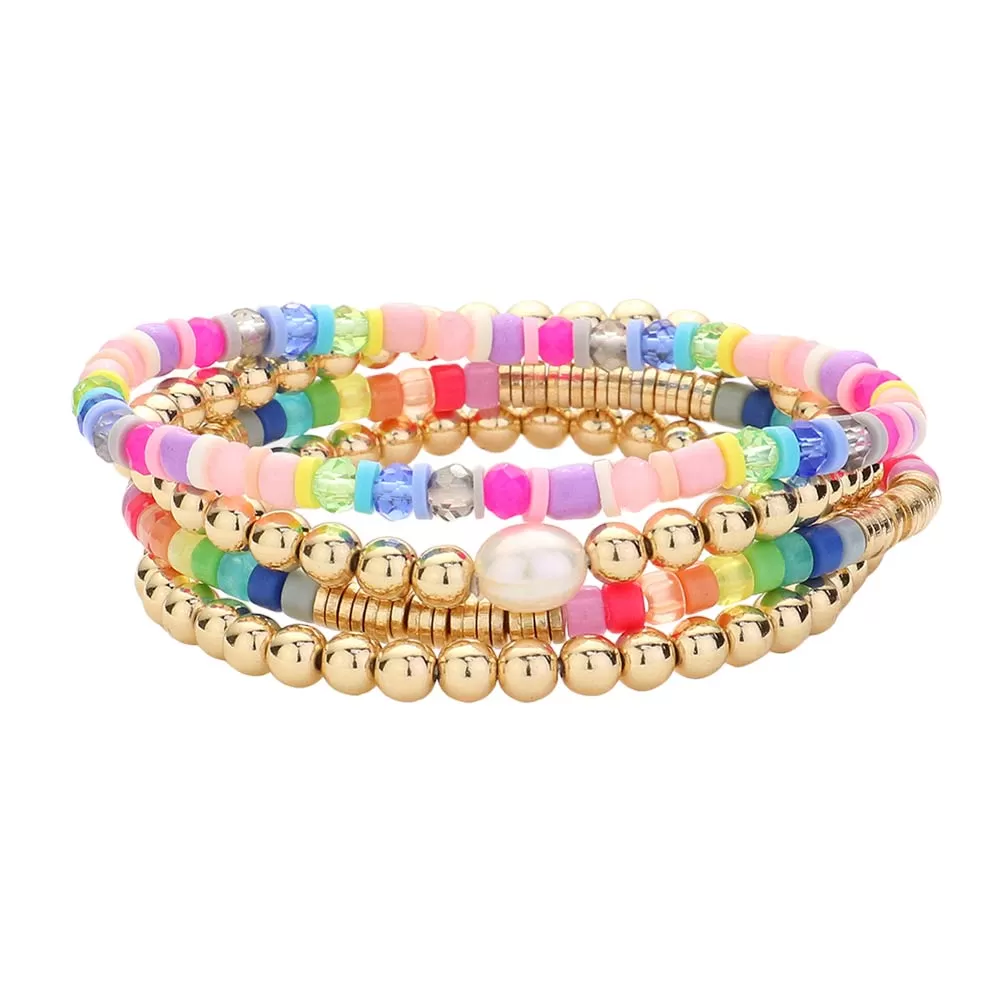 4PCS Pearl Heishi Metal Ball Bead Stretch Layered Bracelets