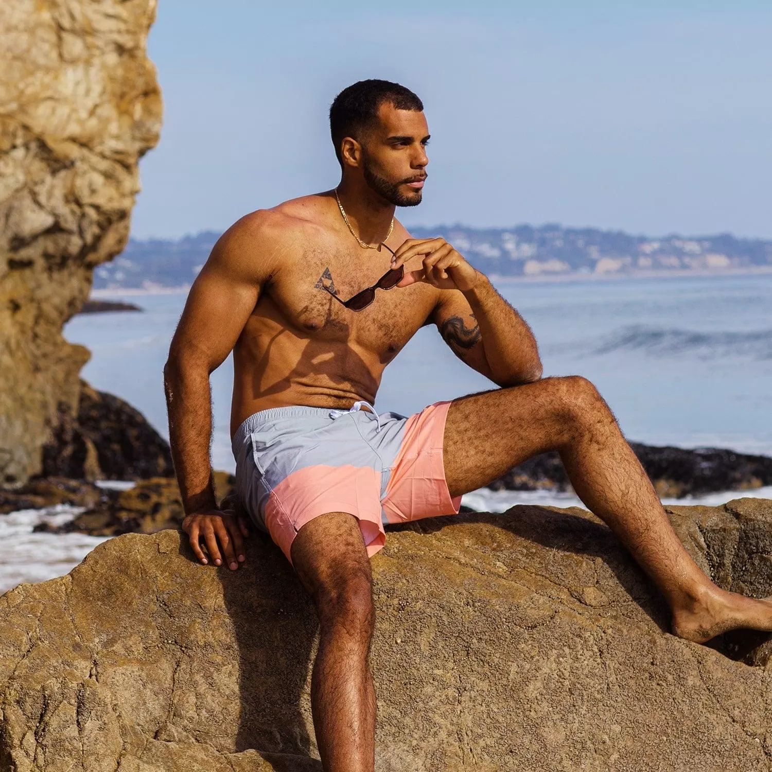 7 Inch Stretch Grey and Pink Striped Swim Trunks