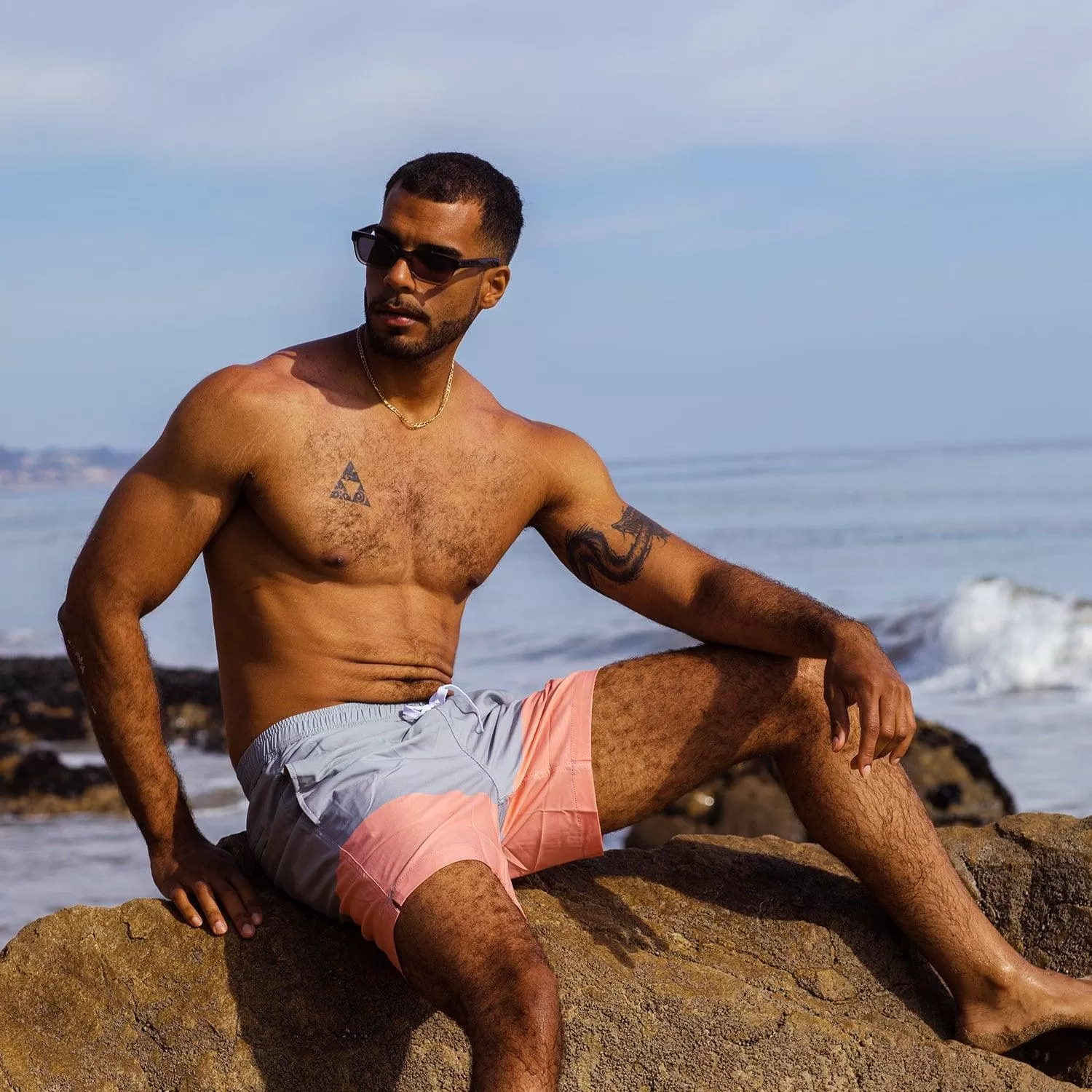 7 Inch Stretch Grey and Pink Striped Swim Trunks