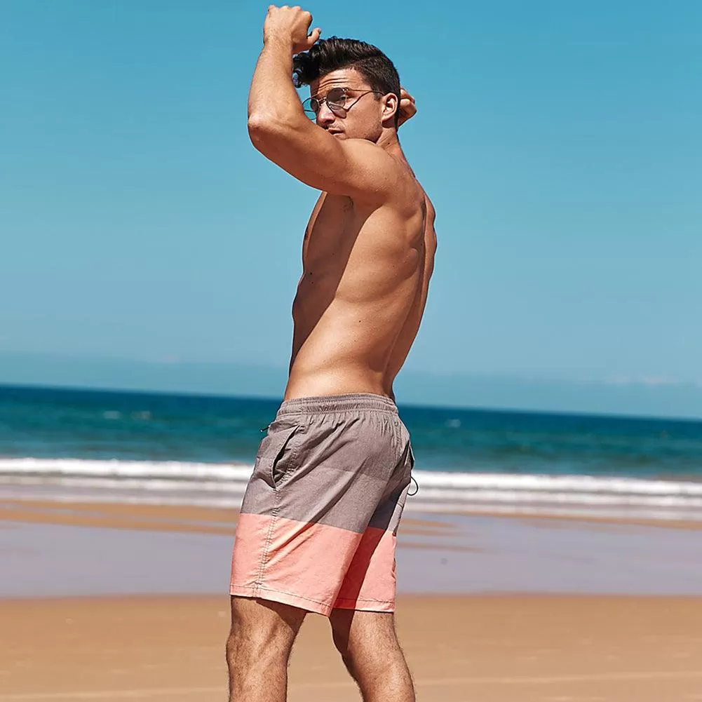 7 Inch Stretch Grey and Pink Striped Swim Trunks