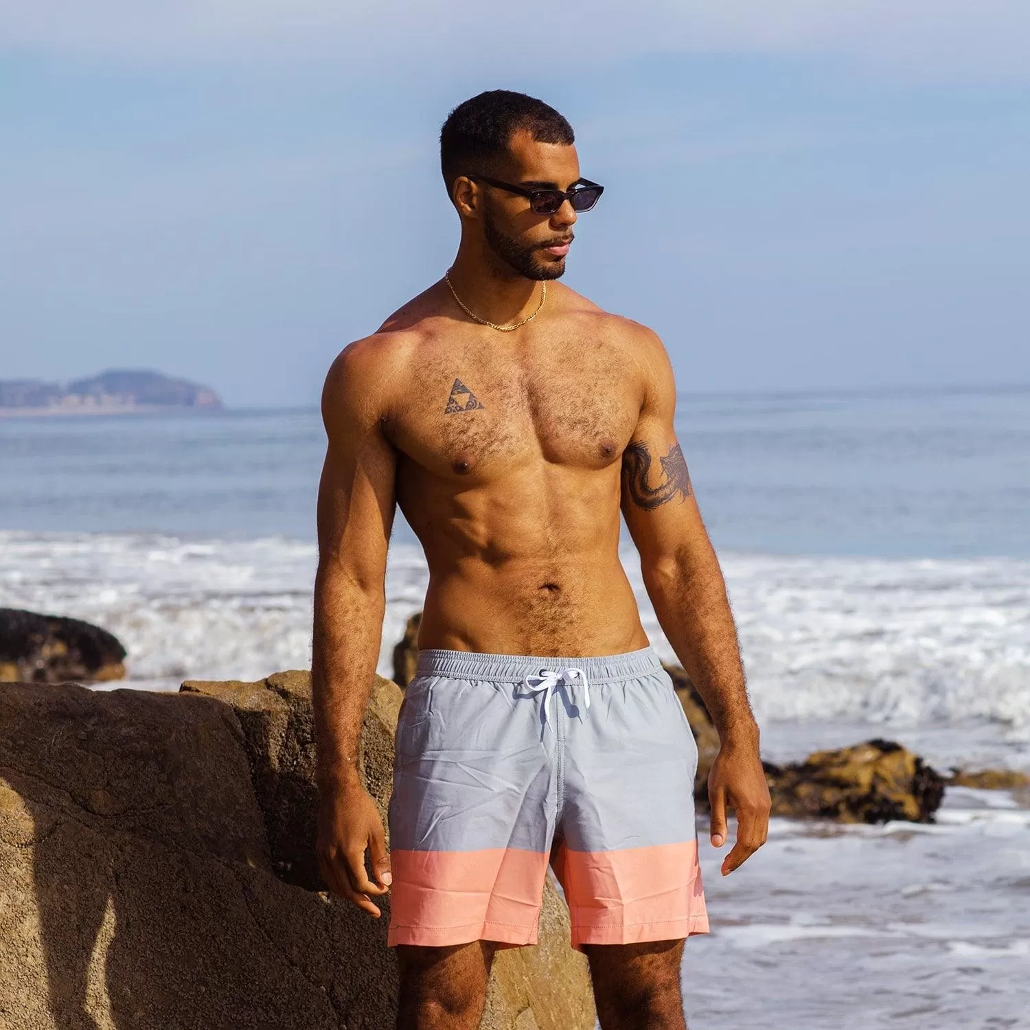 7 Inch Stretch Grey and Pink Striped Swim Trunks