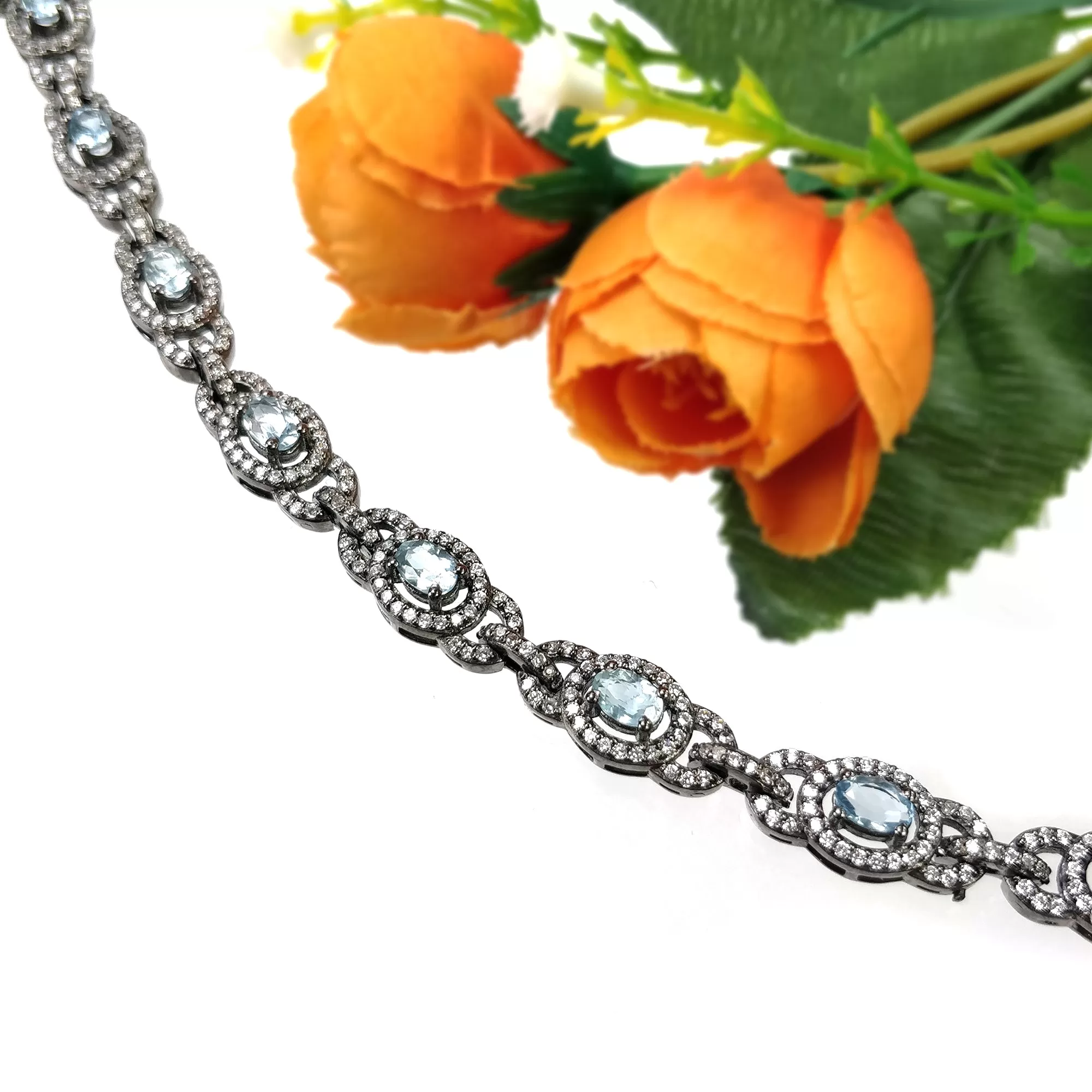 925 Sterling Silver BRACELET : 21.91gms Natural Aquamarine Gemstone CZ Oval Normal Cut Prong Set Victorian Tennis Bracelet 7"