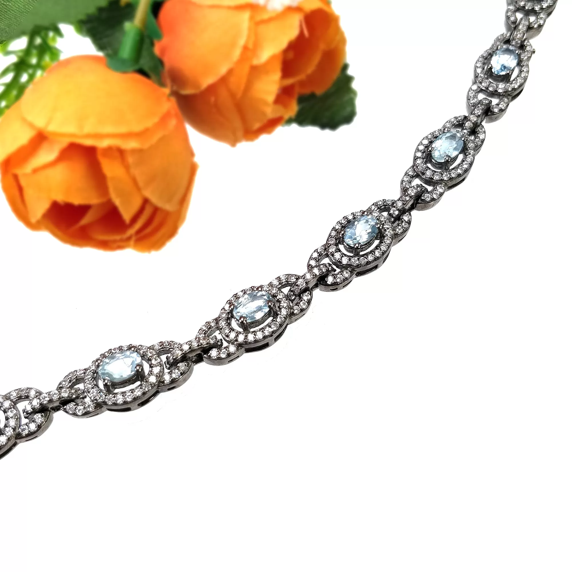 925 Sterling Silver BRACELET : 21.91gms Natural Aquamarine Gemstone CZ Oval Normal Cut Prong Set Victorian Tennis Bracelet 7"