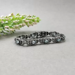 925 Sterling Silver BRACELET : 21.91gms Natural Aquamarine Gemstone CZ Oval Normal Cut Prong Set Victorian Tennis Bracelet 7"