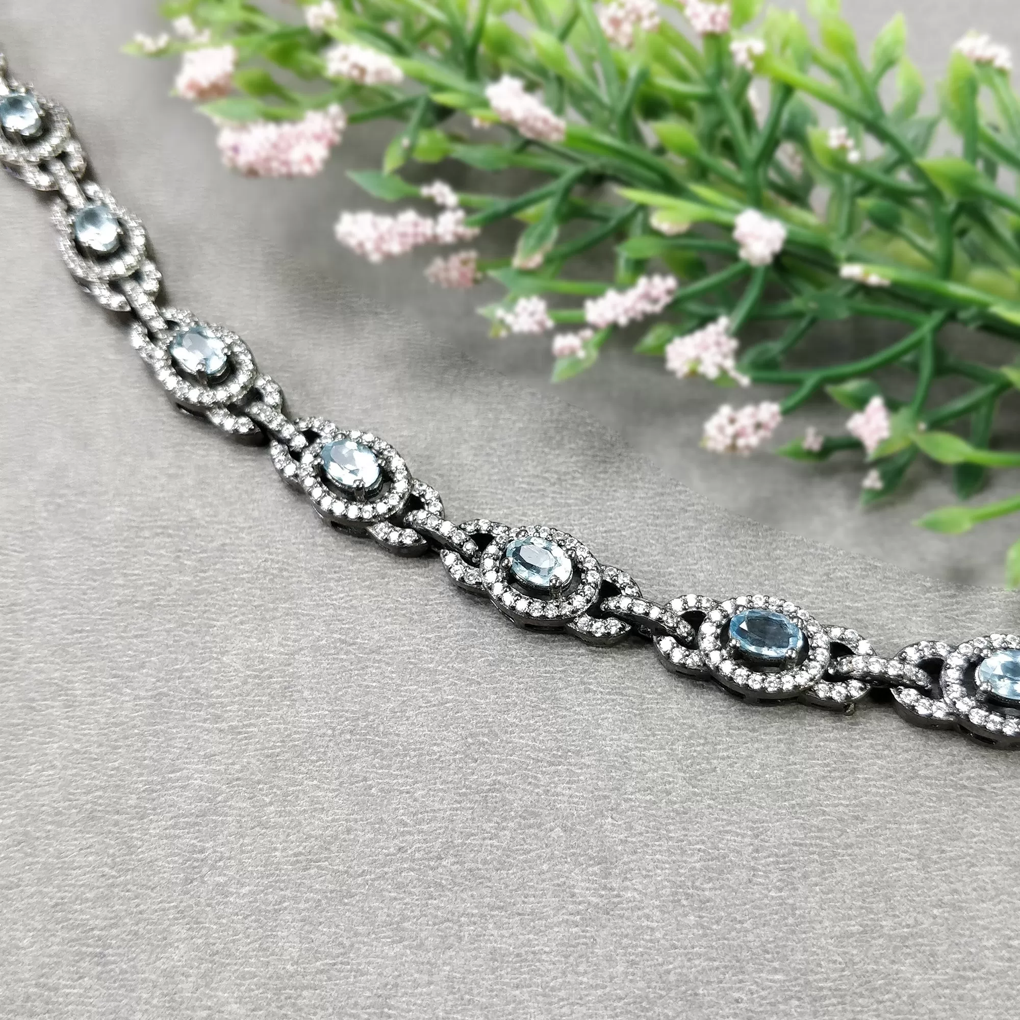 925 Sterling Silver BRACELET : 21.91gms Natural Aquamarine Gemstone CZ Oval Normal Cut Prong Set Victorian Tennis Bracelet 7"