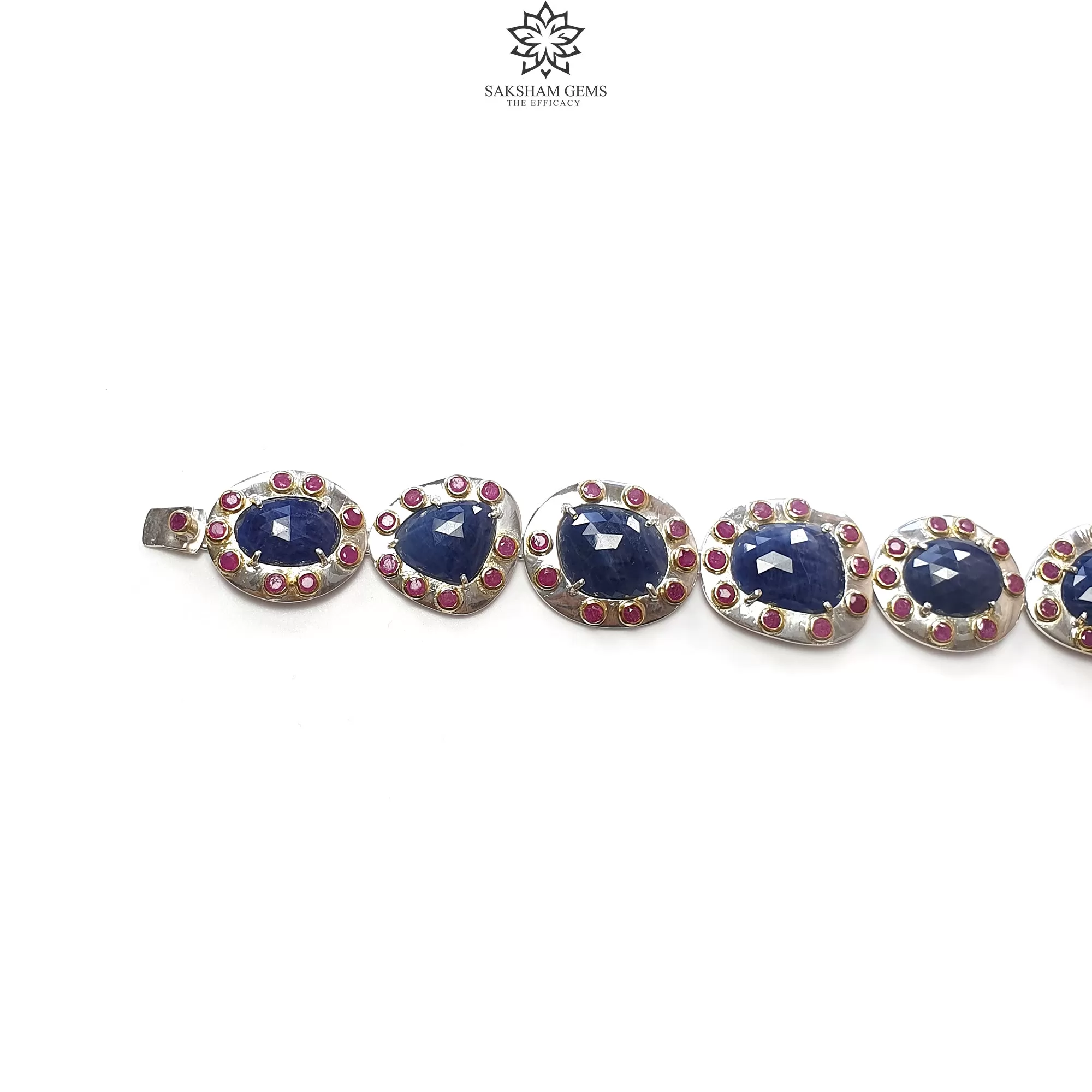 925 Sterling Silver BRACELET : 33.75gms Natural Blue Sapphire & Ruby Glass Filled Rose Cut Prong Set Rhodium Plated Tennis Bracelet 7.25"