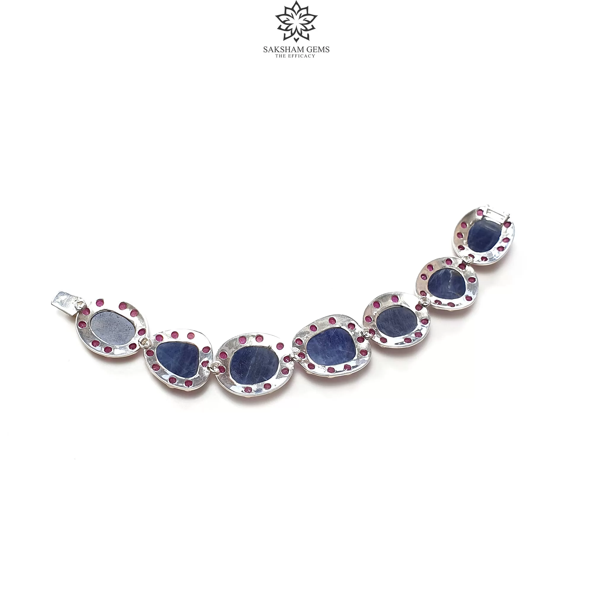 925 Sterling Silver BRACELET : 33.75gms Natural Blue Sapphire & Ruby Glass Filled Rose Cut Prong Set Rhodium Plated Tennis Bracelet 7.25"