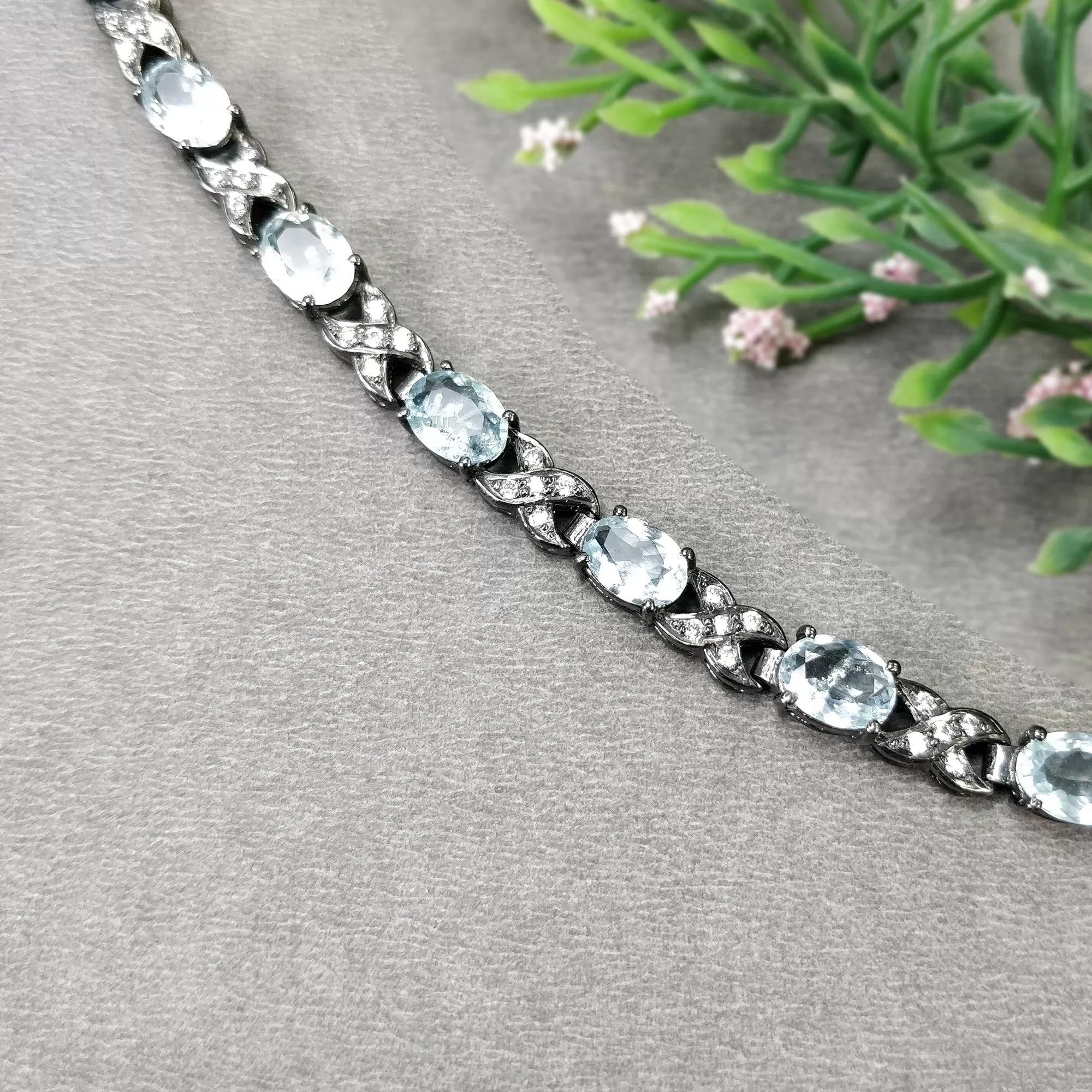 925 Sterling Silver BRACELET: 13.50gms Natural Aquamarine Gemstone CZ Oval Normal Cut Prong Set Victorian Tennis Bracelet 7.25"