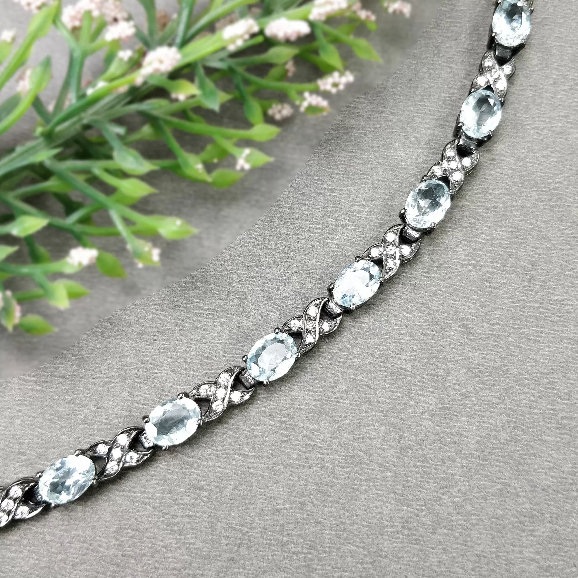 925 Sterling Silver BRACELET: 13.50gms Natural Aquamarine Gemstone CZ Oval Normal Cut Prong Set Victorian Tennis Bracelet 7.25"