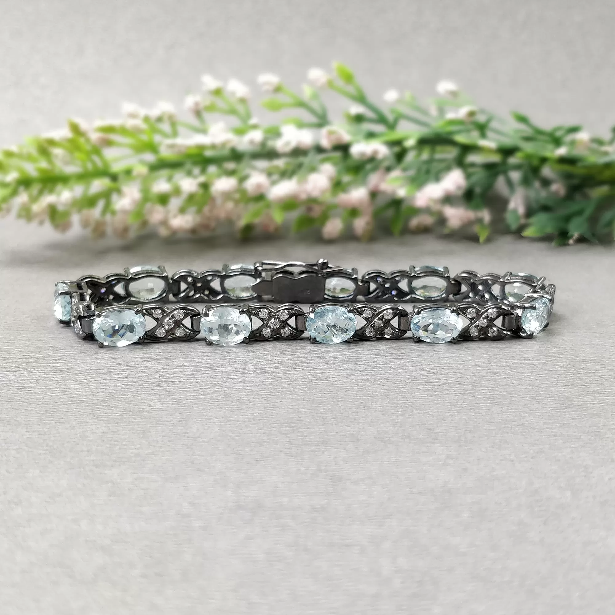 925 Sterling Silver BRACELET: 13.50gms Natural Aquamarine Gemstone CZ Oval Normal Cut Prong Set Victorian Tennis Bracelet 7.25"