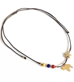 Adjustable Brown Cord Venezuela Tricolor Map and Star Necklace