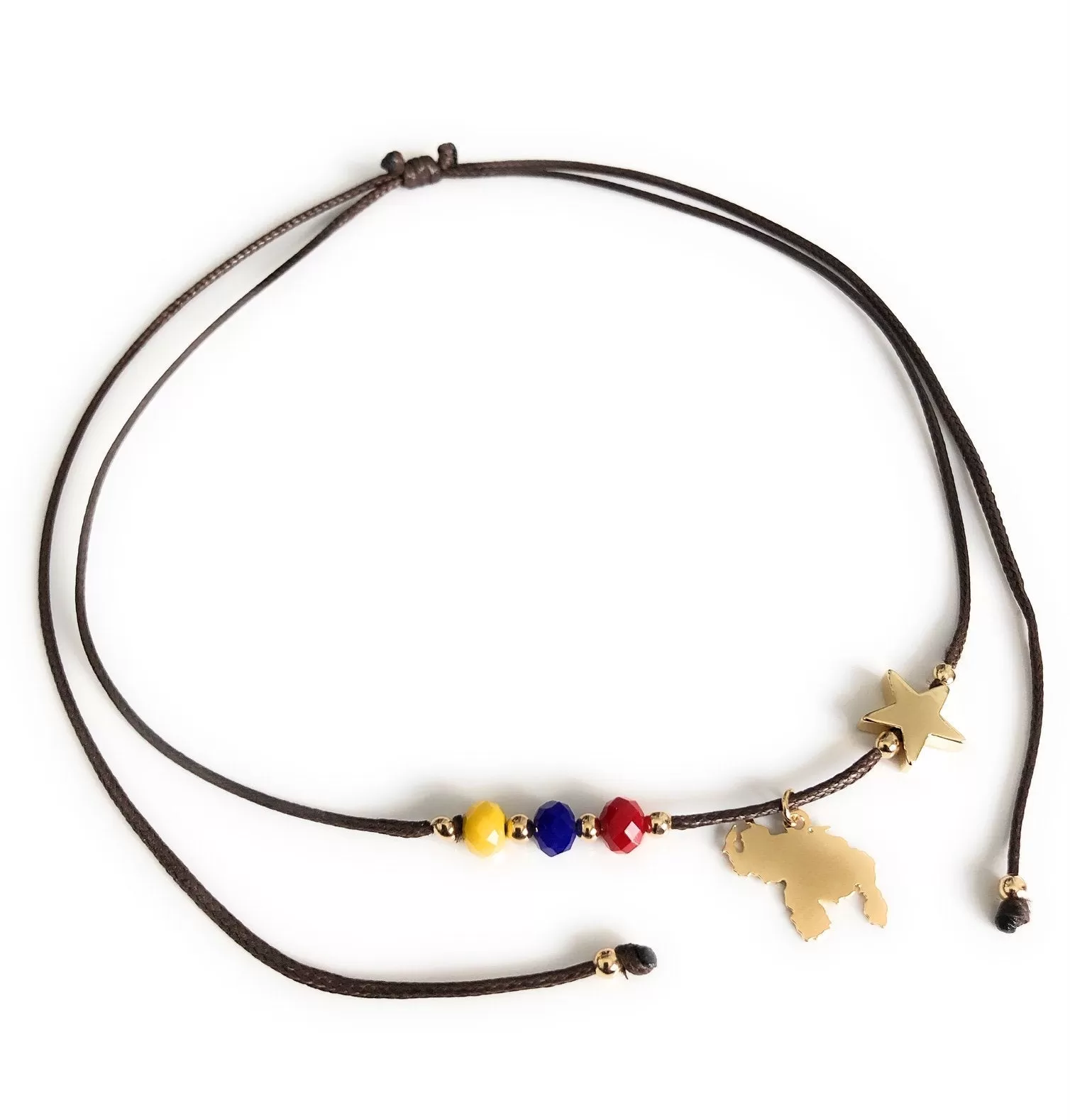 Adjustable Brown Cord Venezuela Tricolor Map and Star Necklace