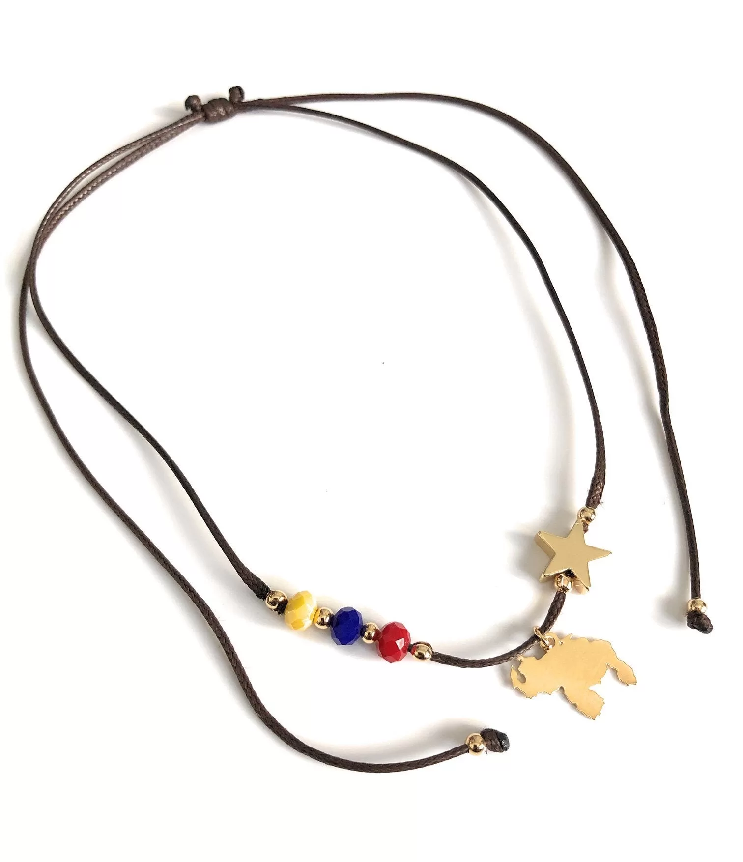 Adjustable Brown Cord Venezuela Tricolor Map and Star Necklace